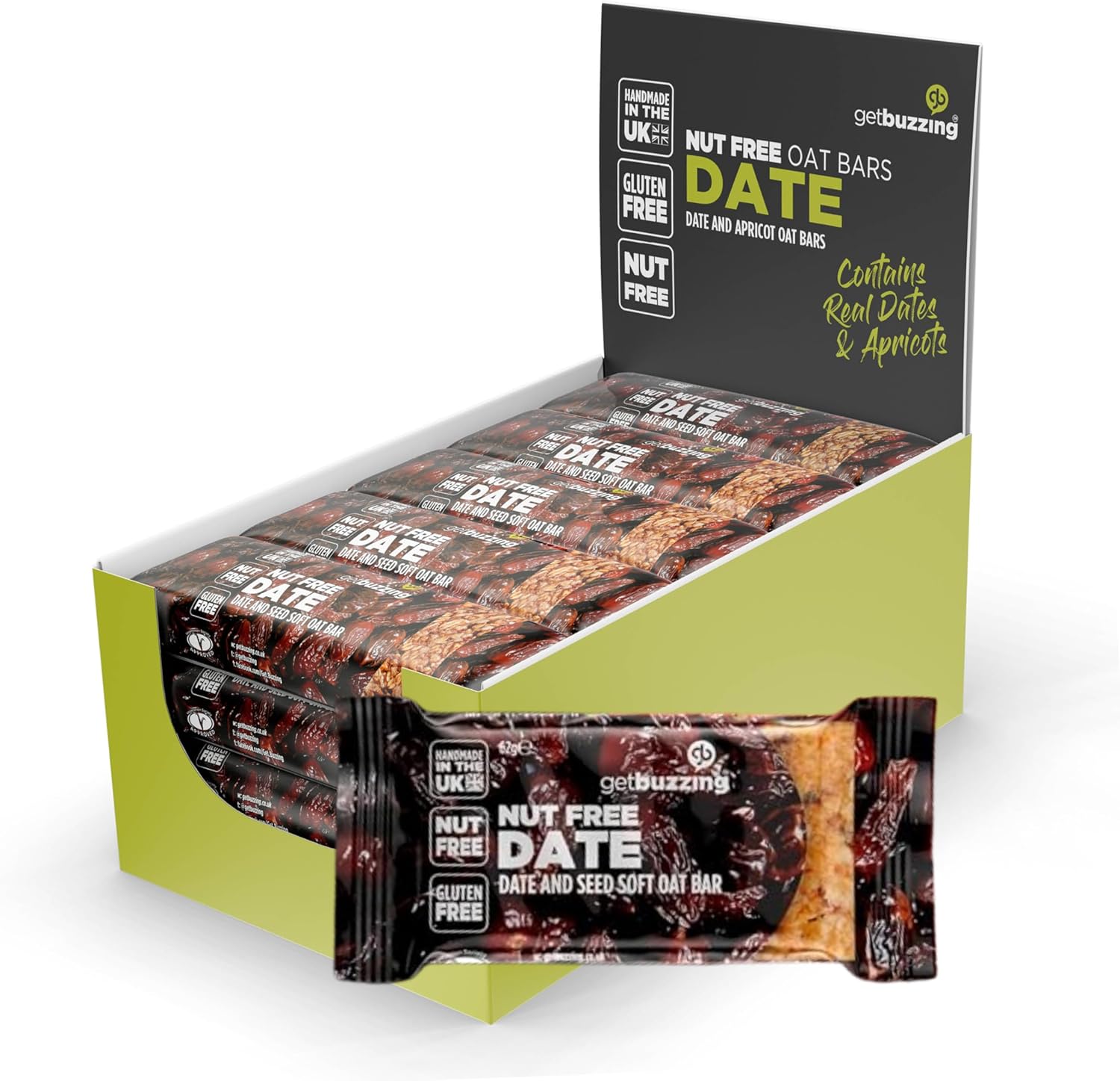 Getbuzzing Nut Free Oat Flapjack Healthy Snack & Energy Bars - Running,Gym, Cycling - Breakfast Snack - Made in The UK - Date & Seed Pack of 20 x 62g Bars