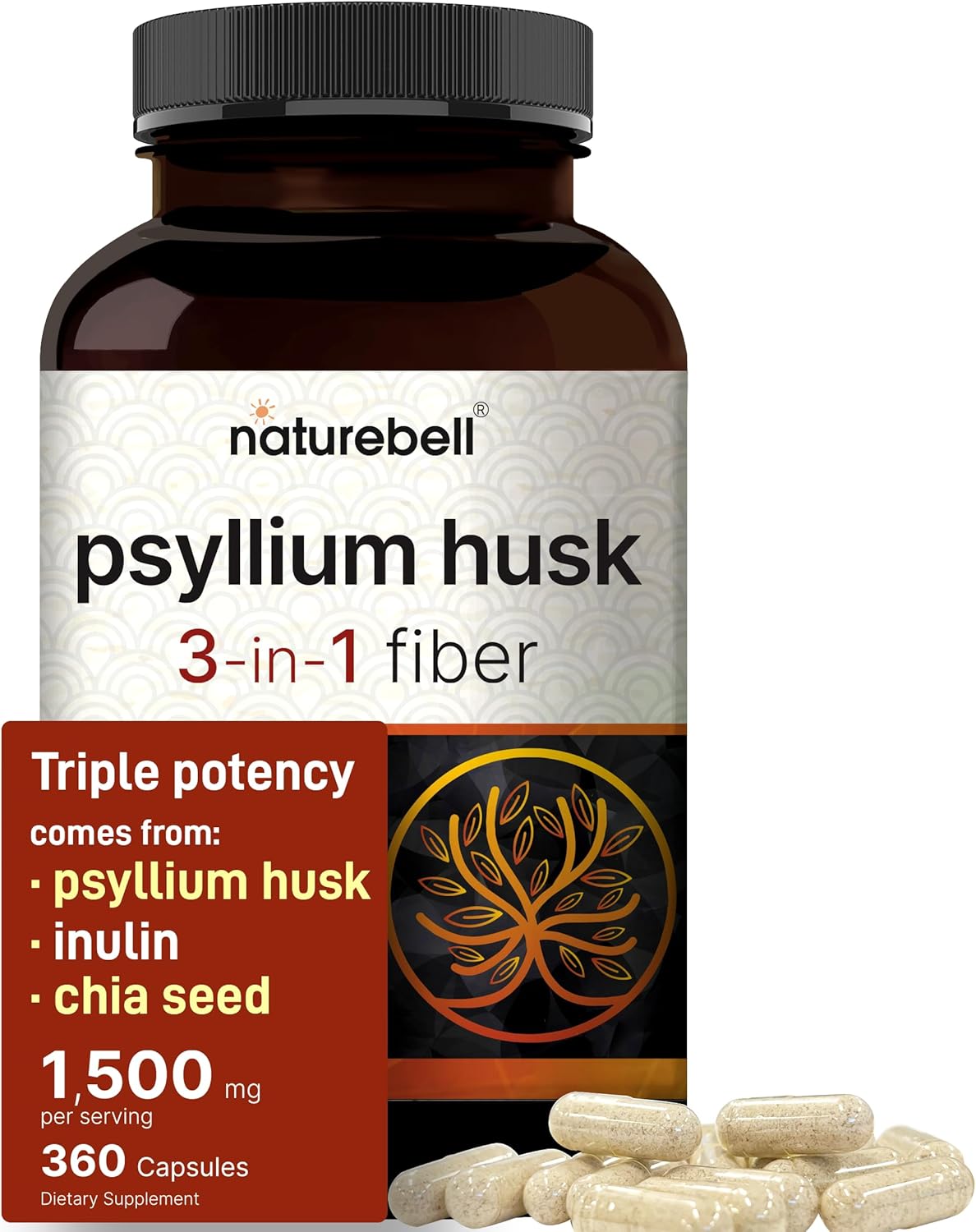 NatureBell Psyllium Husk Fiber Supplement, 1,500mg Per Serving, 360 Capsules | with Inulin & Chia Seed | Organic Soluble Fiber for Digestive & Gut Health | Plant-Based, Non-GMO, Gluten-Free