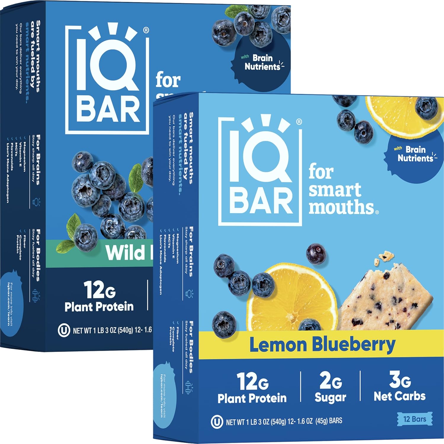IQBAR Brain and Body Keto Protein Bars - Wild Blueberry and Lemon Blueberry - 12 Count Energy Bars - Low Carb Protein Bars - High Fiber Vegan Bars Low Sugar Meal Replacement Bars