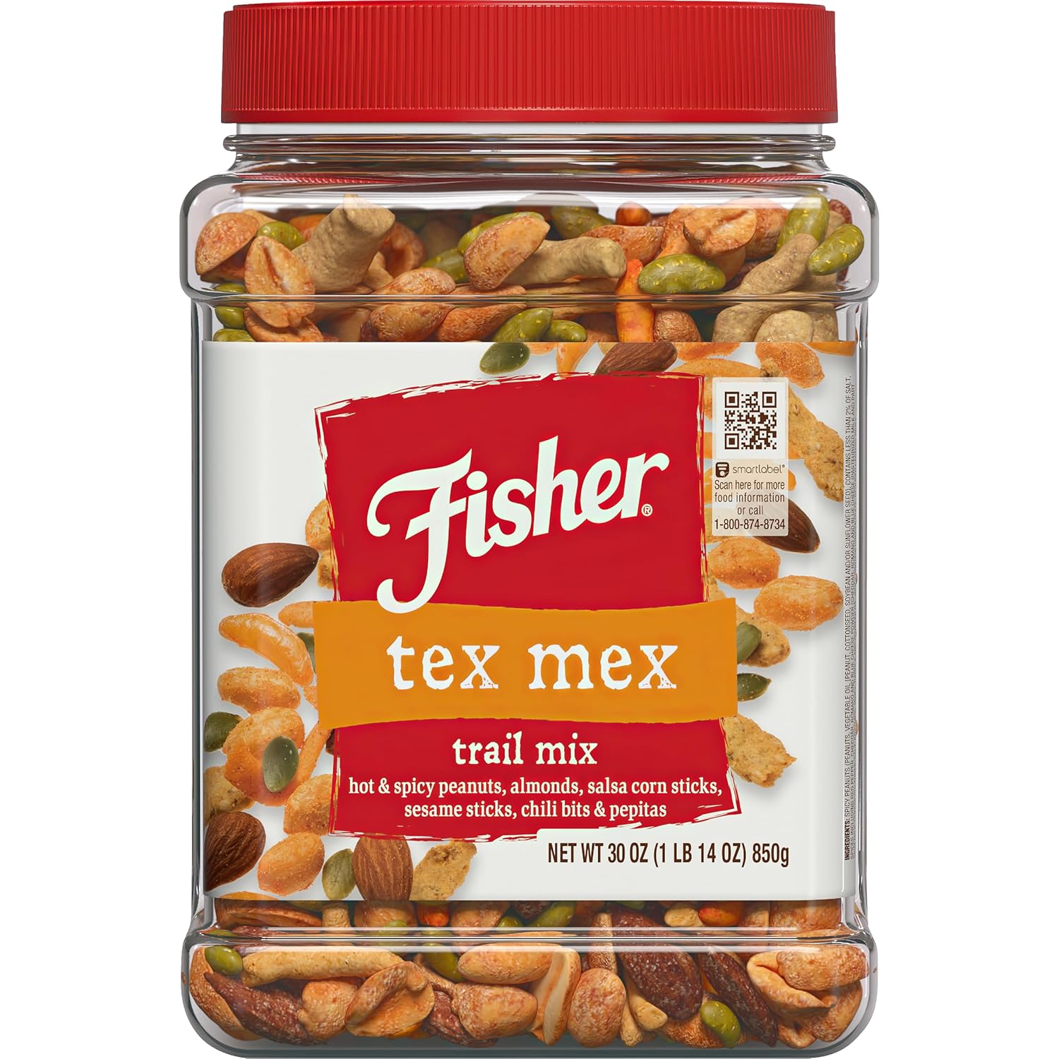 Fisher Snack Tex Mex Bulk Trail Mix, 30 oz (Pack of 1); Hot & Spicy Peanuts, Almonds, Salsa Corn Sticks, Sesame Sticks, Chili Bits and Pepitas; Trail Mix Snacks, Snacks for Adults