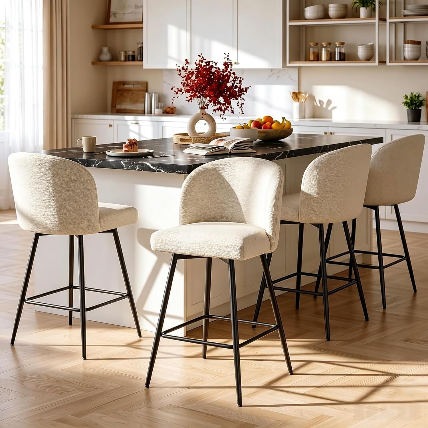 Counter Height Bar Stools Set of 4, 360° Swivel Upholstered Barstools with Backs and Metal Legs, 26" H Seat Height, Linen Fabric in Beige