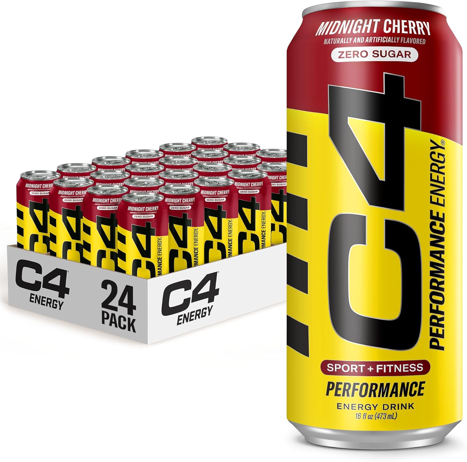 C4 Energy Carbonated Zero Sugar Energy Drink, Pre Workout Drink + Beta Alanine, Midnight Cherry, 16 Fl Oz (Pack of 24)