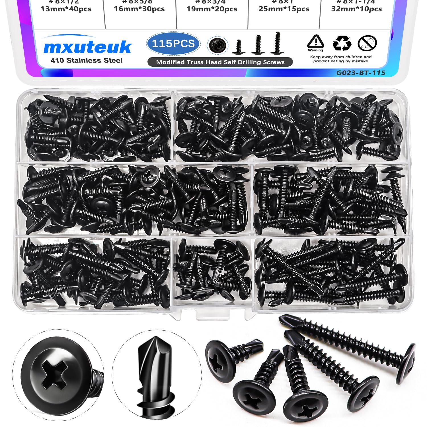 mxuteuk #8 Self Tapping Screws,410 Stainless Steel Self Tapping Screws for Metal,Modified Truss Head Self Drilling Screw (1/2",5/8",3/4",1",1-1/4") Sheet Metal Screw for Metal (115PCS)