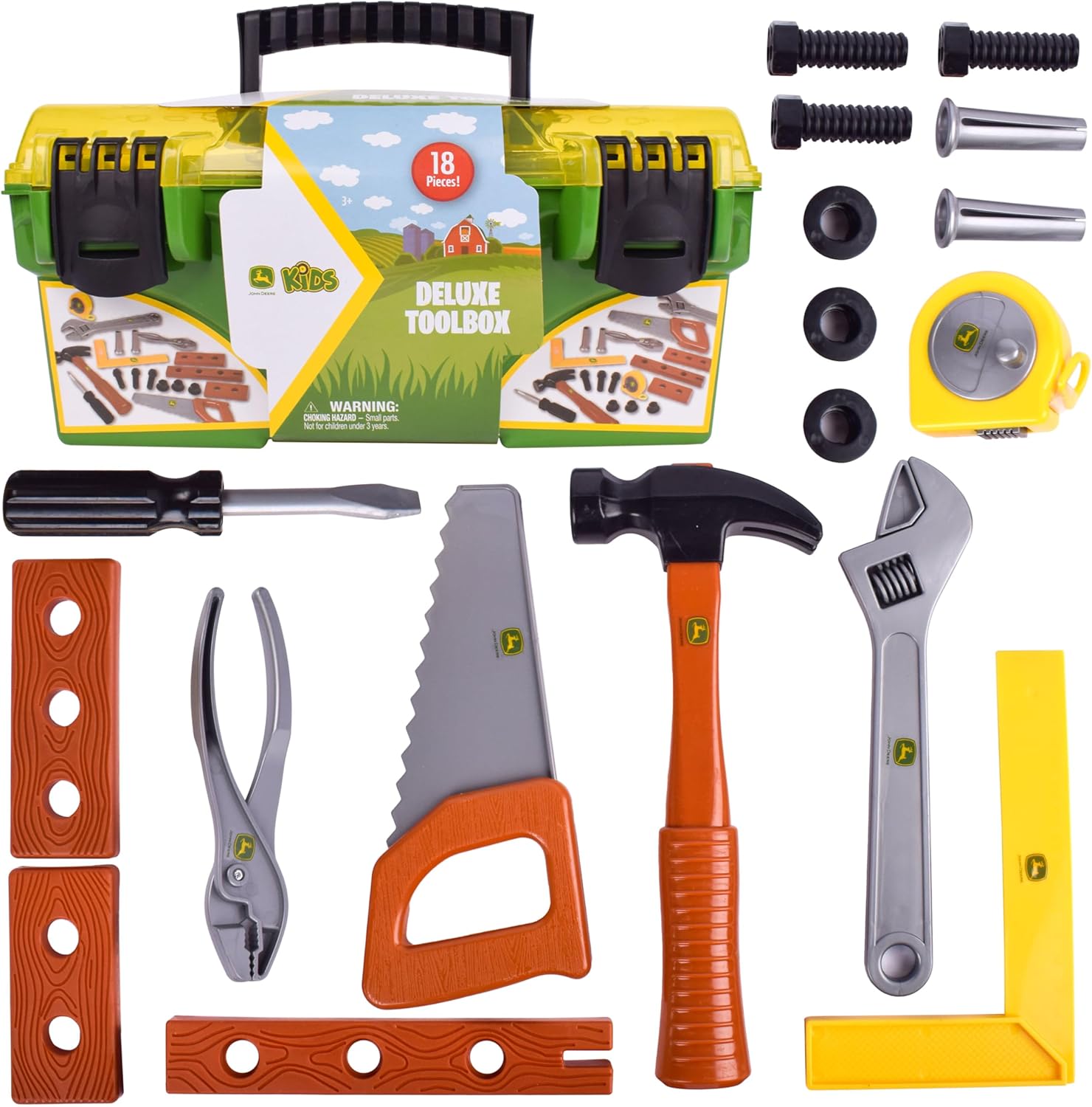 John Deere 18 Piece Deluxe Tool Box, Construction Playset with Tape Measure and Tools, Interactive Building Toys, Preschool Toys for Boys and Girl