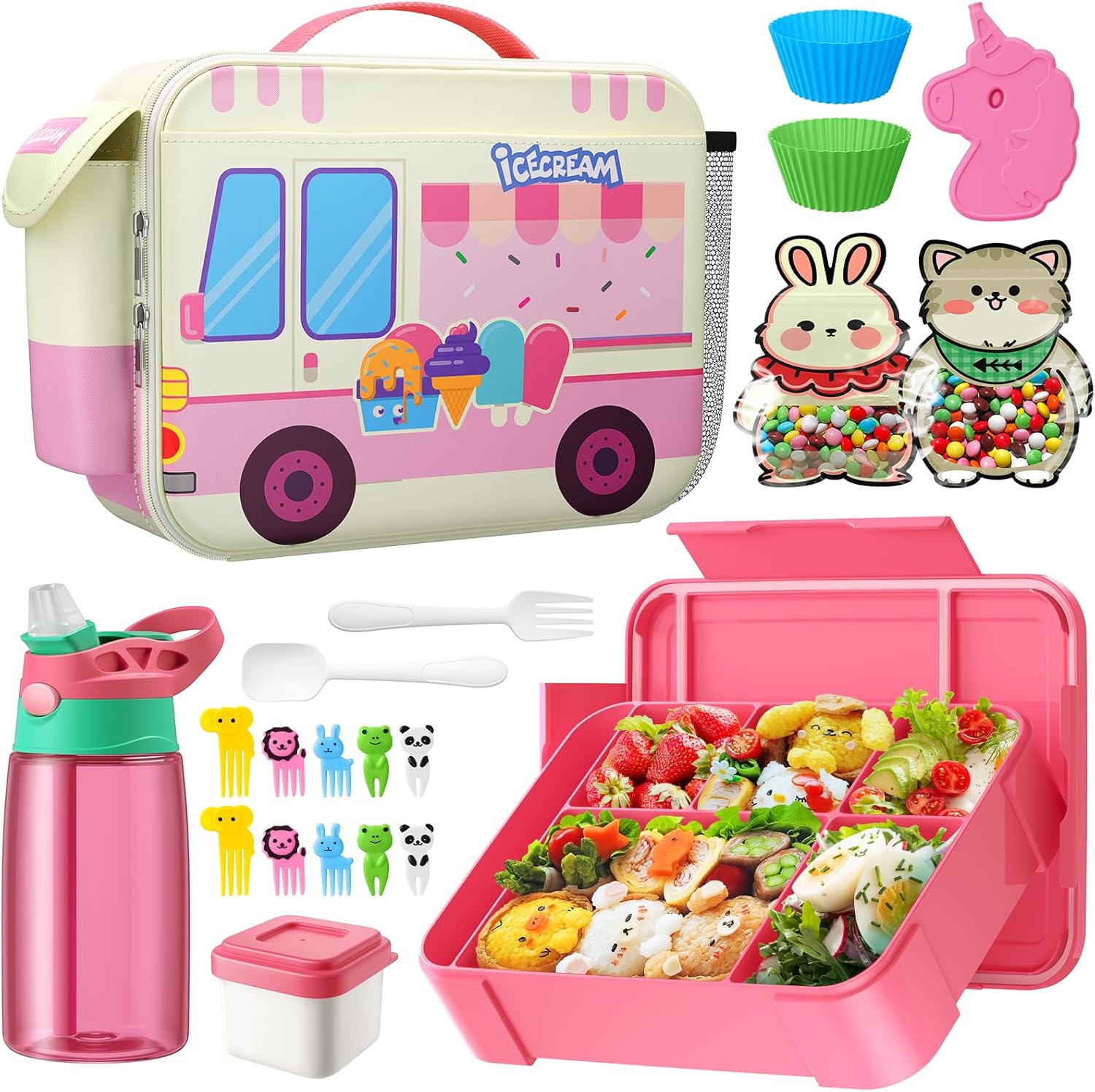 Bento Lunch Box Set with Insulated Bag, Water Bottle, Ice Pack Set for Kids, Toddlers, Girls - 6 Compartments Lunch Container for School, Microwave/Dishwasher, BPA-Free(Pink Ice Car)