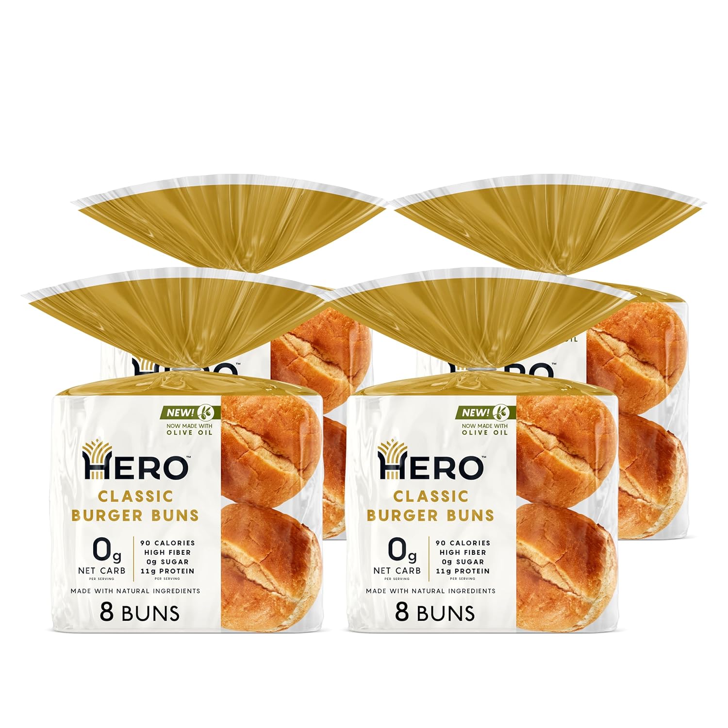 Hero Classic Hamburger Buns - Burger Buns | Net Low Carb Buns | High Fiber, 0g Net Carbs, 0g Sugar & 90 Calories Per Serving Burger Rolls (32 Buns, Pack of 4)