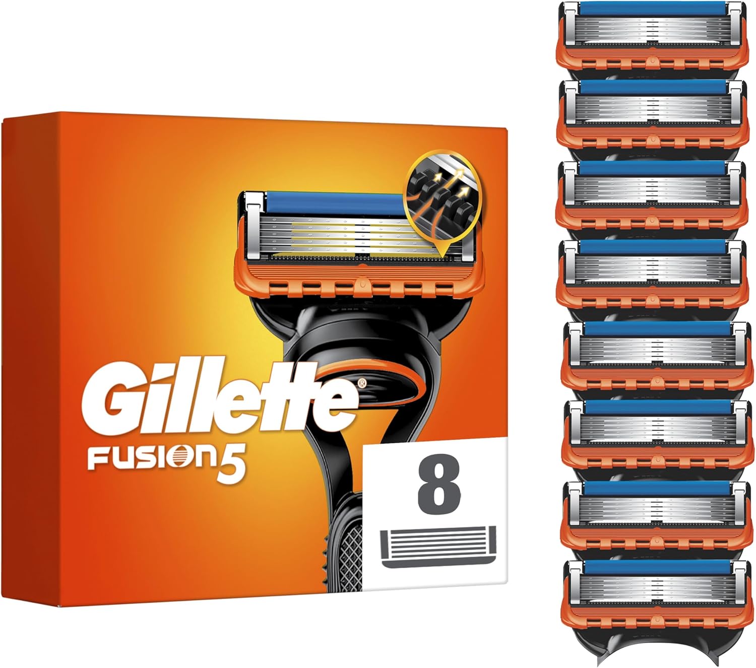 Gillette Fusion5 Razor Blades Men, Pack of 8 Razor Blade Refills with Precision Trimmer, 5 Anti-Friction Blades