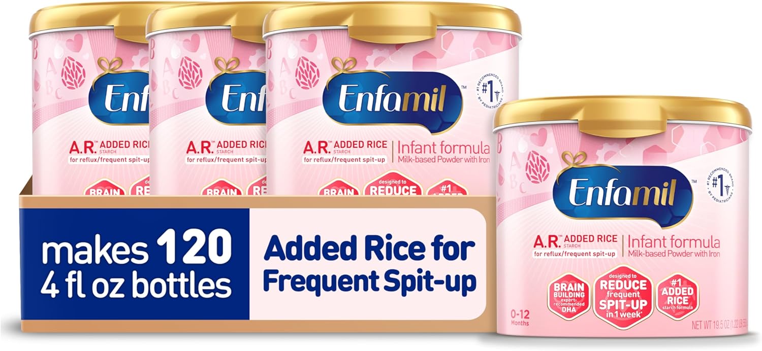 Enfamil A.R. Baby Formula, Added Rice Starch Formula to Reduce Reflux & Spit-Up, DHA for Brain Development, Probiotics to Support Digestive & Immune Health, Baby Milk, 19.5 Oz Tub, 4 Count