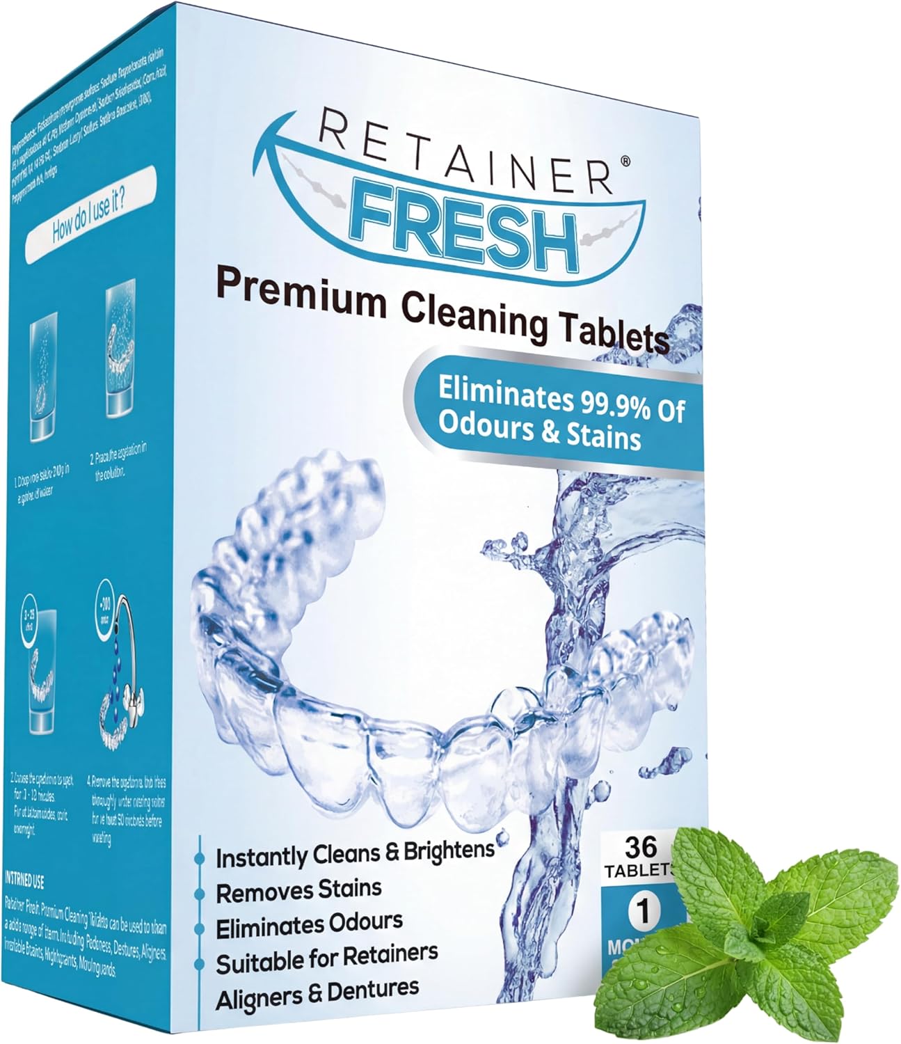 Retainer Fresh Retainer Cleaner Tablets - Denture Cleaner, Retainer Cleaning Tablets, Mouth Guard Cleaner, Aligner Cleaner, Brite Retainer Tablets 36 Tablets 1 Month