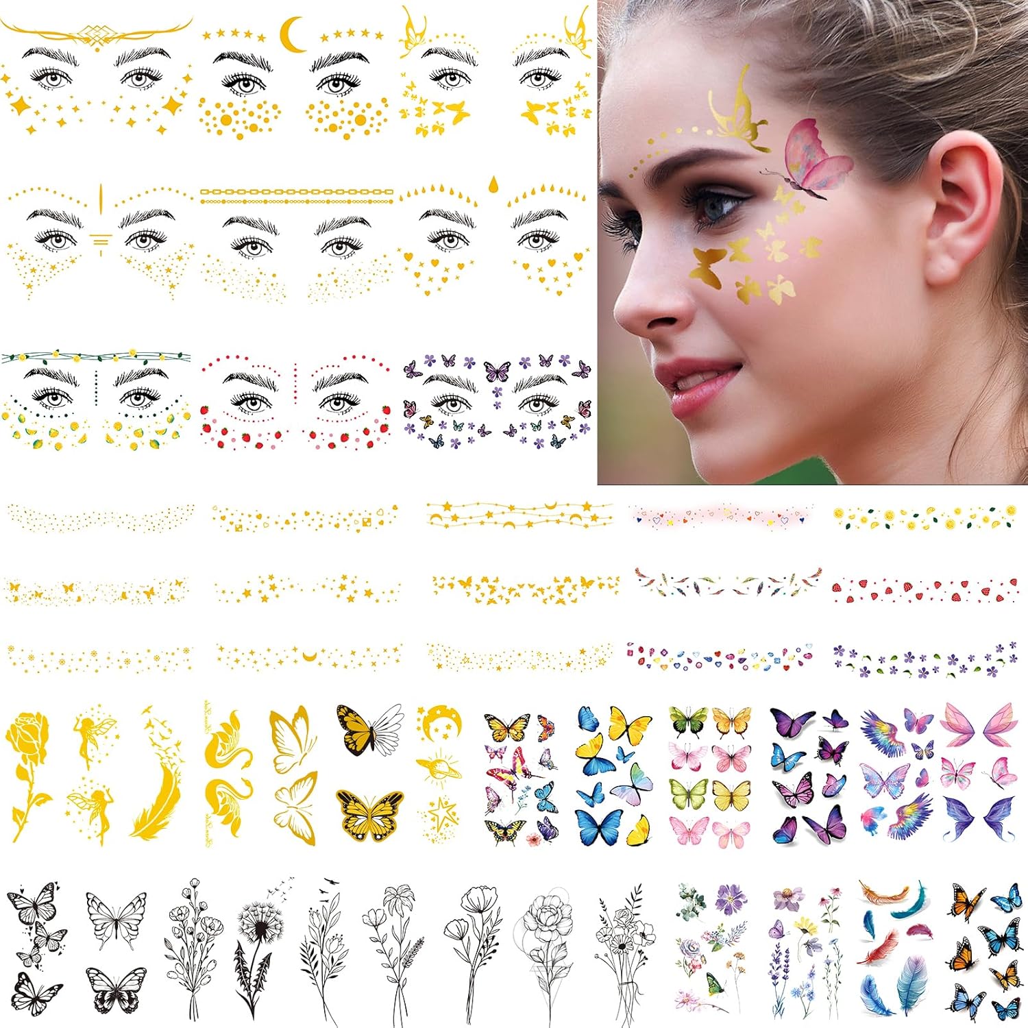 54 Sheets Gold Glitter Freckles Face Tattoo, 150+ Pcs Halloween Face Glitter Temporary Tattoo Stickers, Sparkle Freckles Metallic Face Gems, Faux Freckles Cute Glitter Makeup Accessories For Women