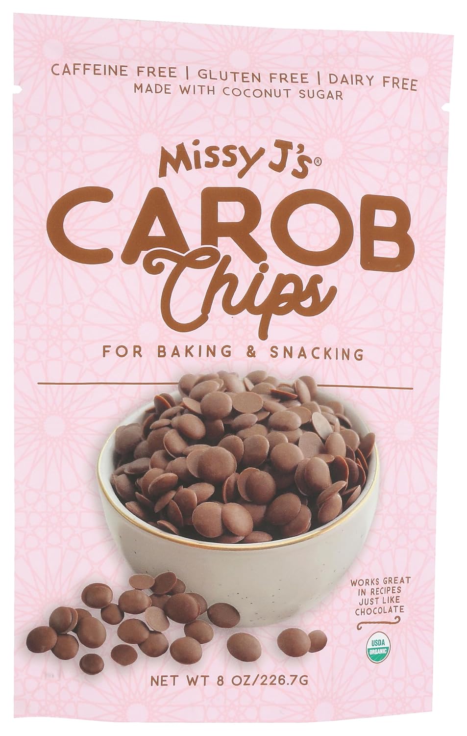 Missy J's Organic Carob Chips 8 Ounce 1 Pack | Carob Made w/Coconut Sugar, Vegan and Gluten-Free | Healthy Caffeine Free Substitute for Chocolate, Perfect for Snacks and Treats