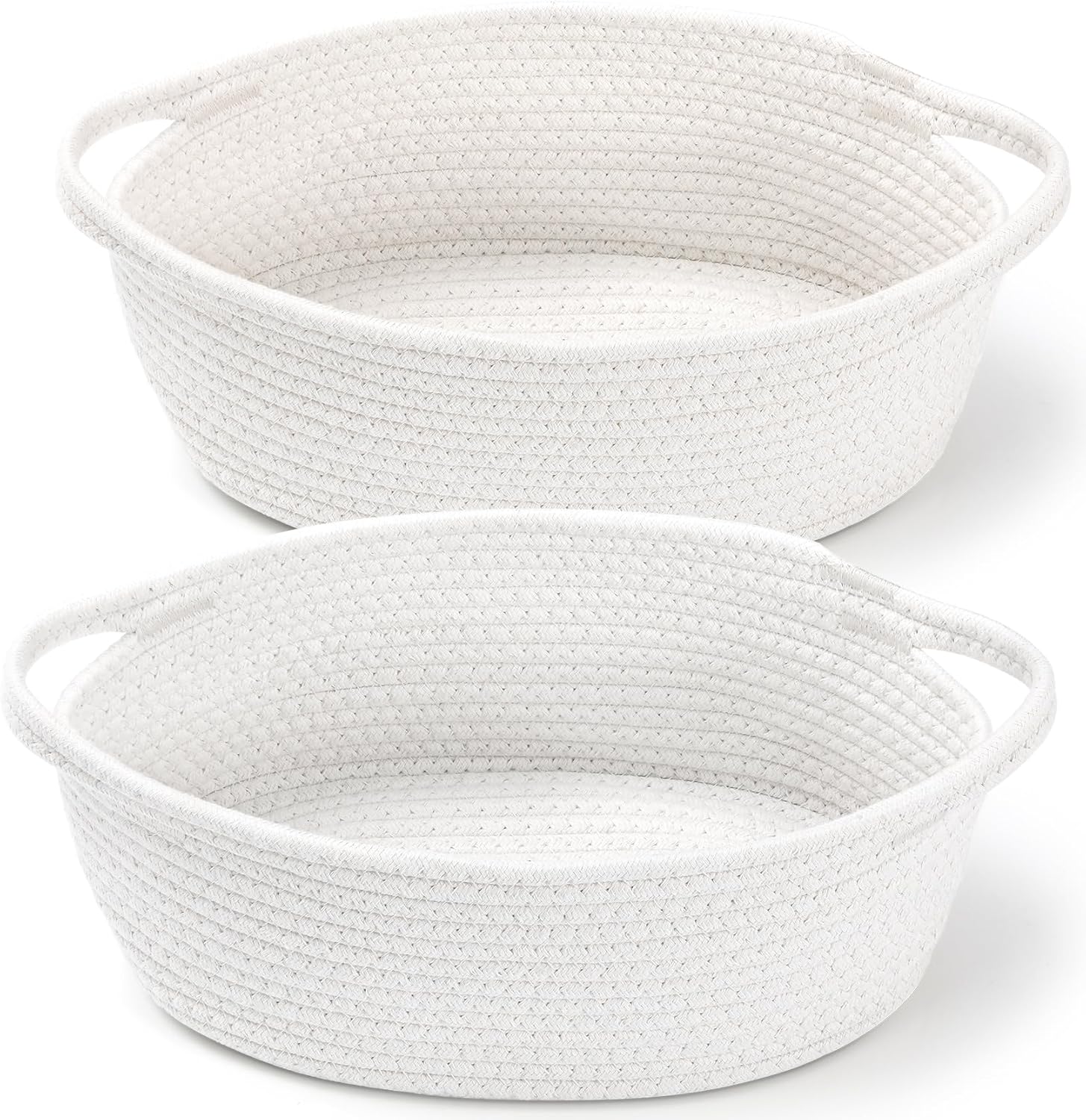 2 Pack Small Woven Basket with Handles, Cotton Rope Room Shelf Storage Basket, Cute Baby Gift Basket for Nursery, Bedroom - Cat Dog Toys Basket, Empty Decorative Gift Chest Box, All 12"x 8"x 5",White