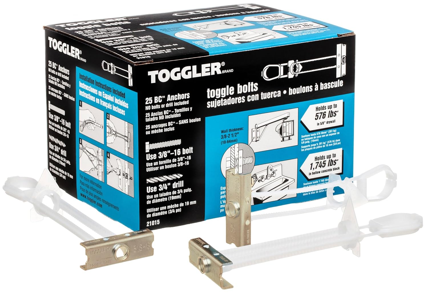 TOGGLER SNAPTOGGLE BC Toggle Anchor, Zinc-Plated Steel Channel, Made in US, 3/8" to 2-1/2" Grip Range, For 3/8"-16 UNC Fastener Size (Pack of 25)