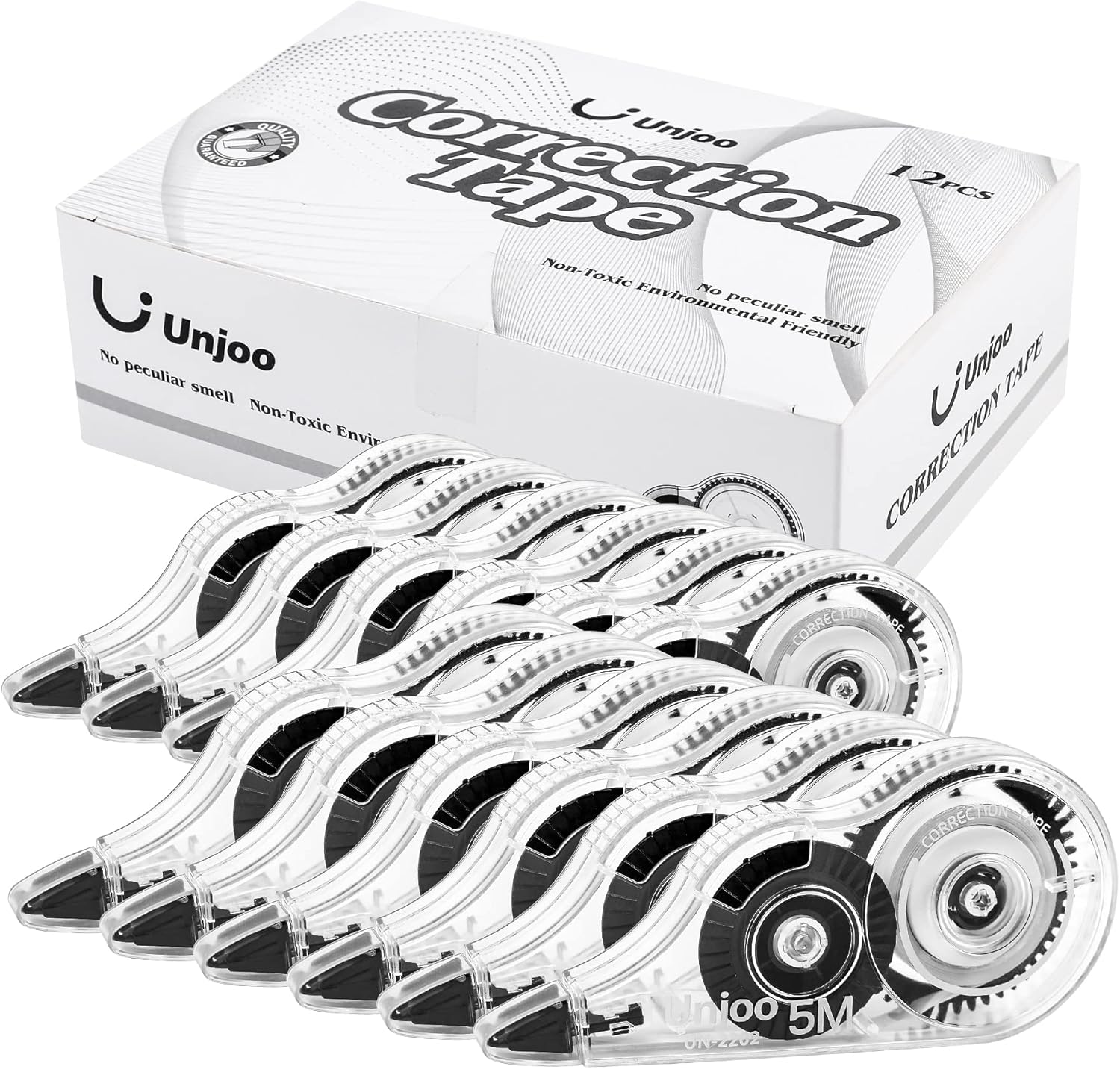 Whiteout Correction Tape, Easy To Use Applicator for Instant Corrections Correct Wrong Writing At Any Time, For school, Office (12pack, 5M/196" x 0.2", Black)