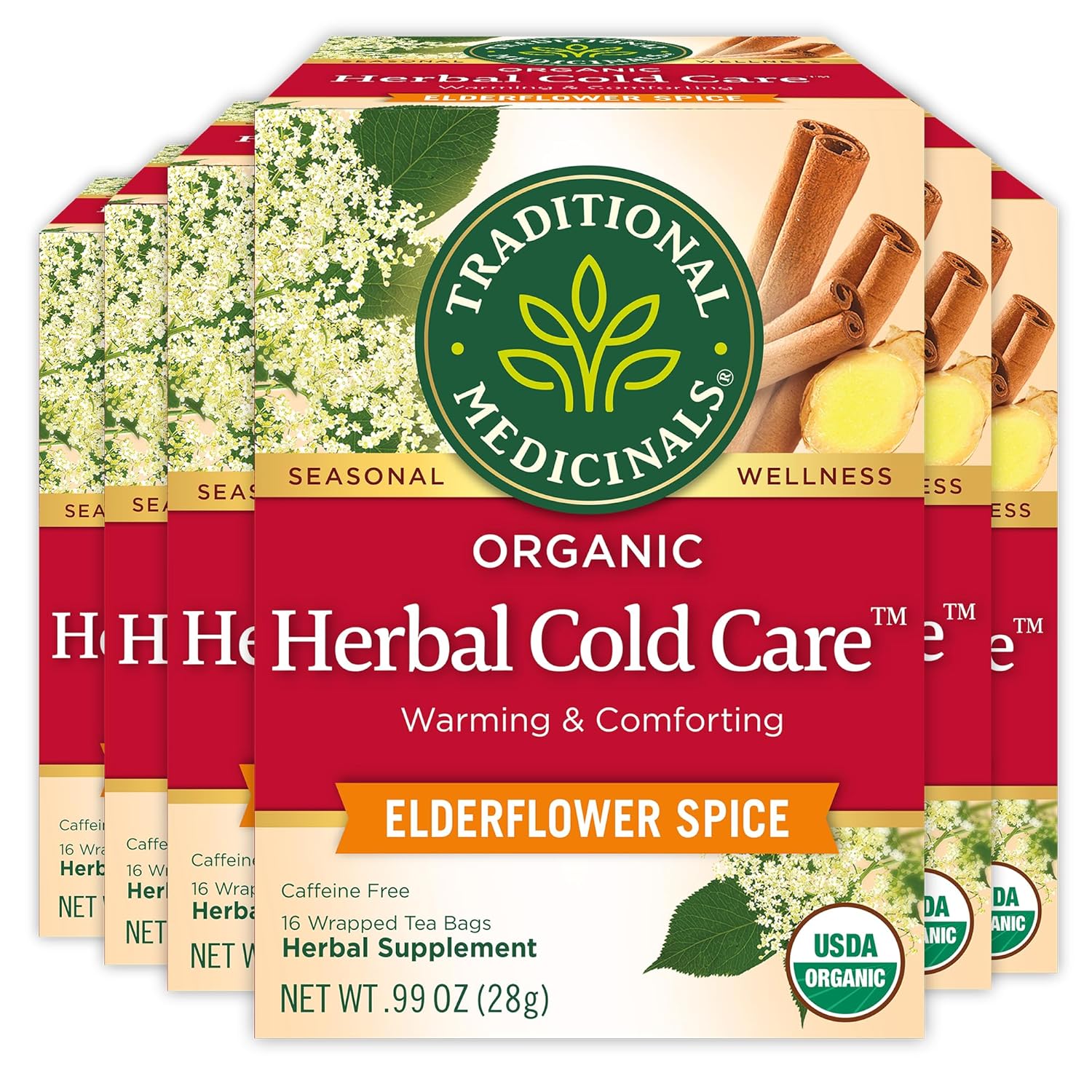 Traditional Medicinals Tea, Herbal Cold Care Seasonal Tea with Elderflower Spice, Kosher, Non-GMO, Caffeine-Free, Compostable - 96 Tea Bags (6 Pack)