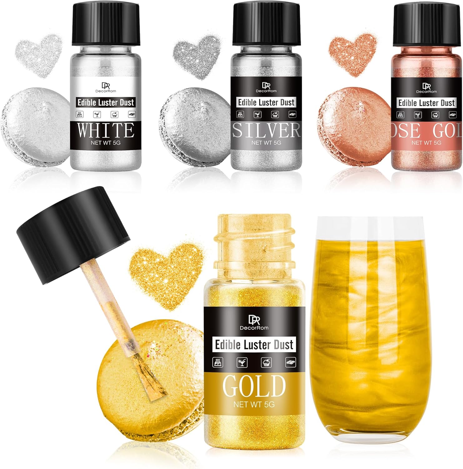 Edible Glitter Set for Drinks - 4 Colours Metallic Food Grade, 20g Edible Glitter Powder & Luster Dust for Cake Decorating, Baking, Cupcakes, Cookies, Fondant, Chocolate, Buttercream - DIY Glitter Art