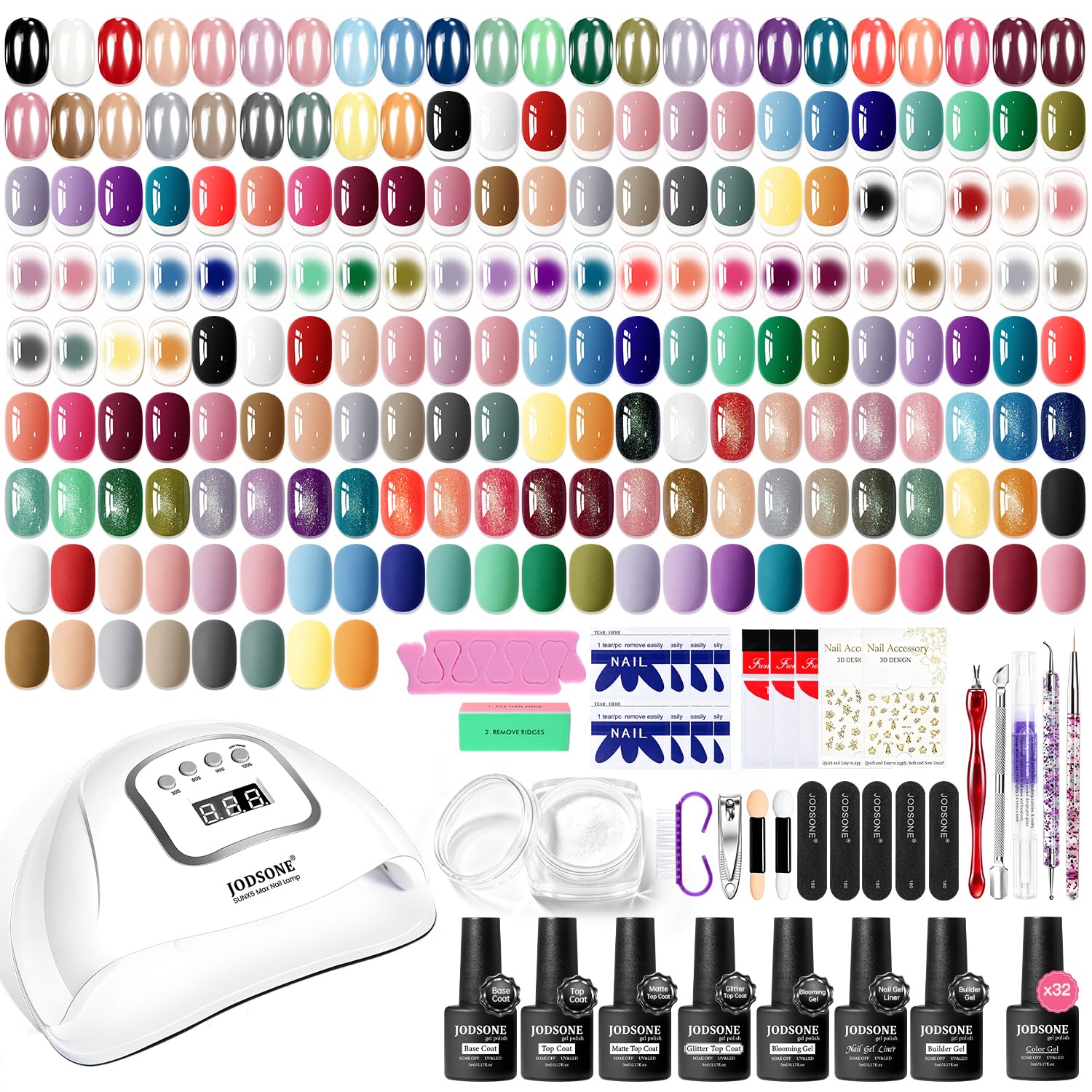 JODSONE 32 Colors Gel Nail Polish Kit with U V light White Pearl Chrome Nail Powder Nail Art Liner Blooming Gel 8 Functional Gel for Beginners Manicure Tools