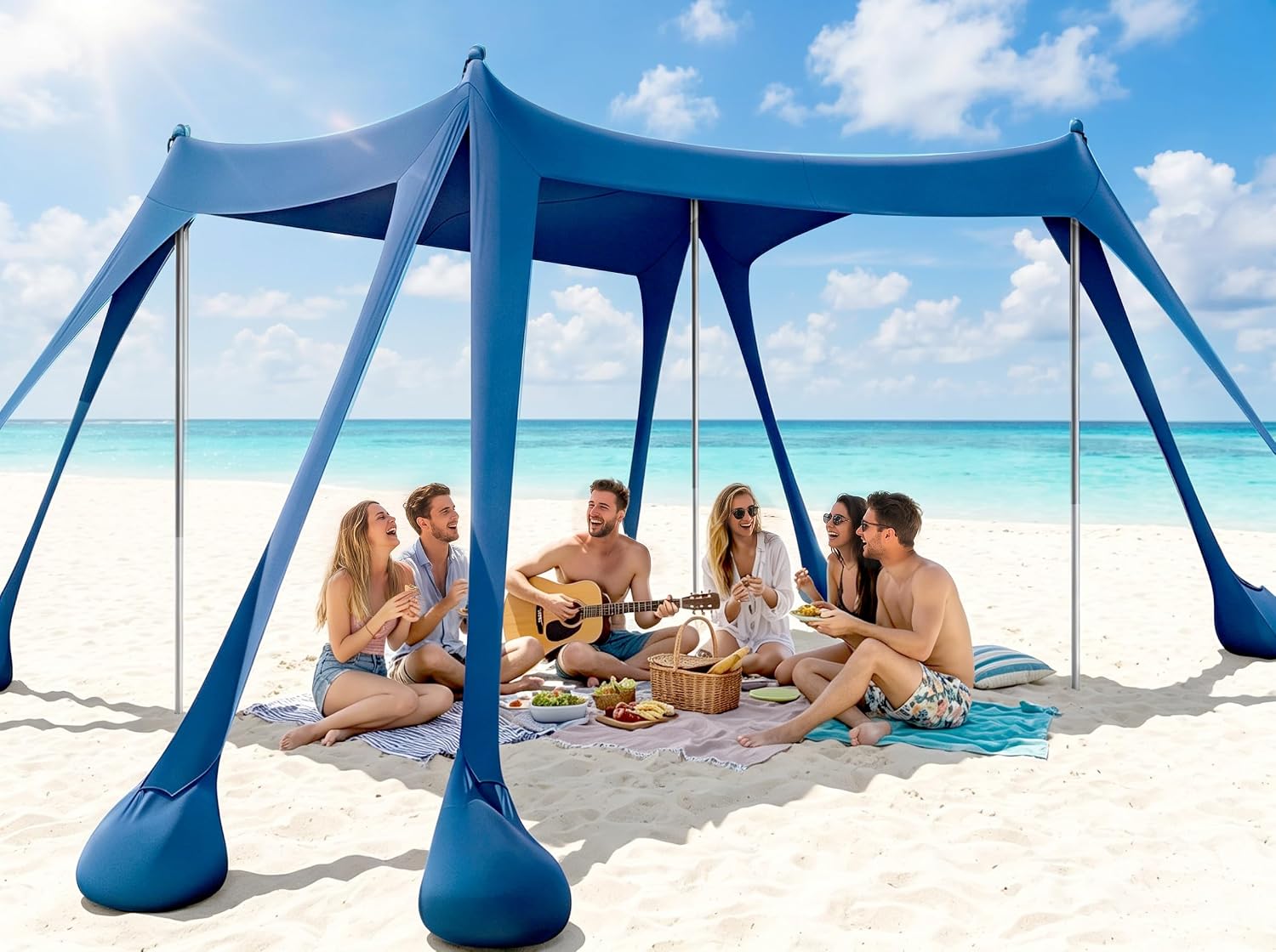 Beach Tent, UPF 50+ Sun Shelter with 8 Sandbags, Sand Shovels, Ground Pegs & Stability Poles – Portable Shade Canopy for Camping, Fishing, Backyard Fun, or Picnics (Navy Blue)