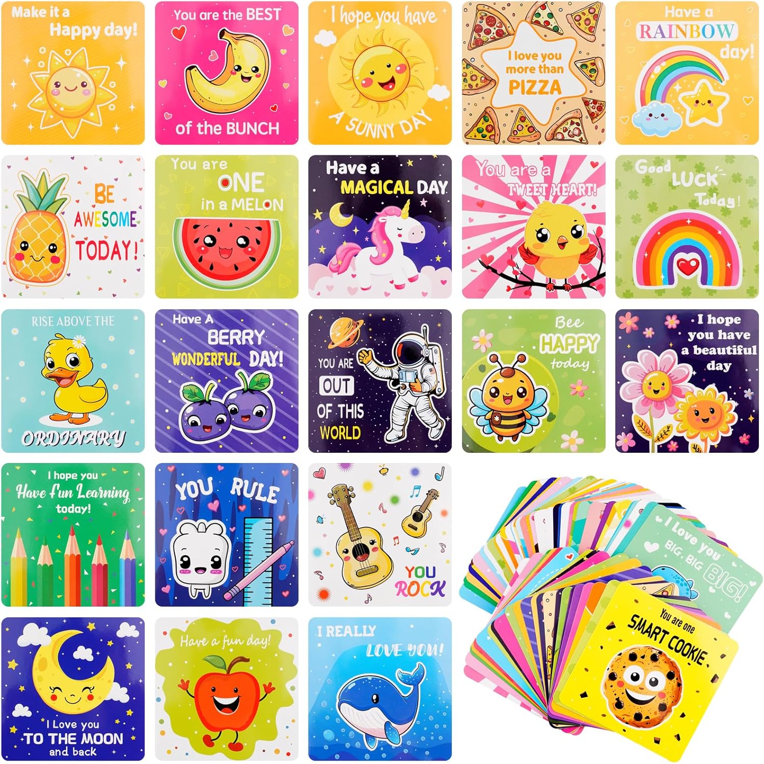 Fantasyon Lunchbox Notes for Kids, 60 Pcs Cute Lunch Notes for Kids, Inspirational and Motivational Love Lunch Box Cards for Boys Girls Kindergarten Back to School Gifts Bake Sales Picnics
