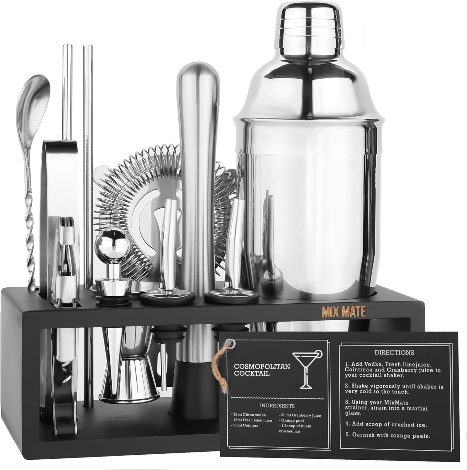 Mixology Bartender Kit with Stand - 15 Piece Bar Tool Set, Silver Bar Set Cocktail Shaker Set for Drink Mixing - Includes Martini Shaker, Jigger, Strainer, Bar Mixer Spoon, Tongs, Opener | Gift Idea