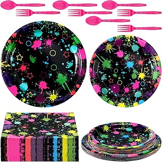 Jetec 240 Pcs Neon Party Rainbow Birthday Party Supplies Neon and Rainbow Glow Party Plates and Napkins Tableware for 40 Guests, 7" 9" Plate for Glow Birthday Party Decoration(Fluorescent Style)