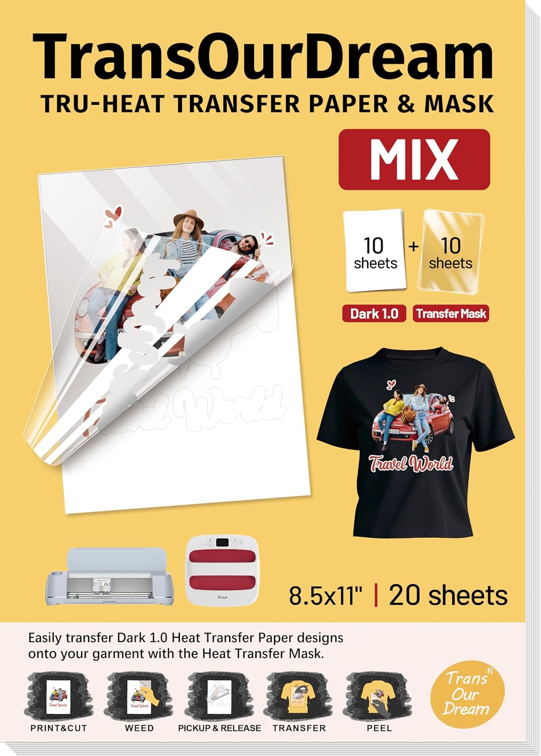 TransOurDream Heat Transfer Paper for Dark Fabric (10+10 Sheets，8.5"x11") Printable HTV Vinyl for Inkjet Printer, Iron on Transfers for Tshirts