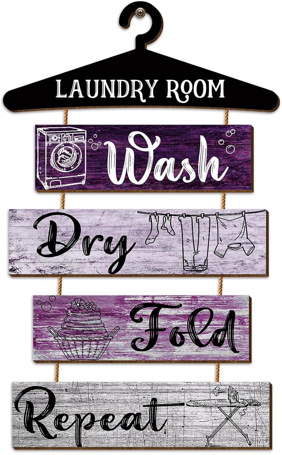 Blulu 5 Pieces Laundry Room Decor Rustic Vintage Farmhouse Room Rules Hanging Sign Wooden Wash Dry Fold Repeat Laundry Accessories for Bathroom,Home 19.7 x 11 Inch(Dark Backing)