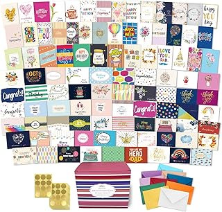 100 All Occasion Cards Assortment Box with Color Envelopes，All Occasion Cards Set with Greeting Inside, Large 5 x 7 inch Cards with Stickers and Dividers