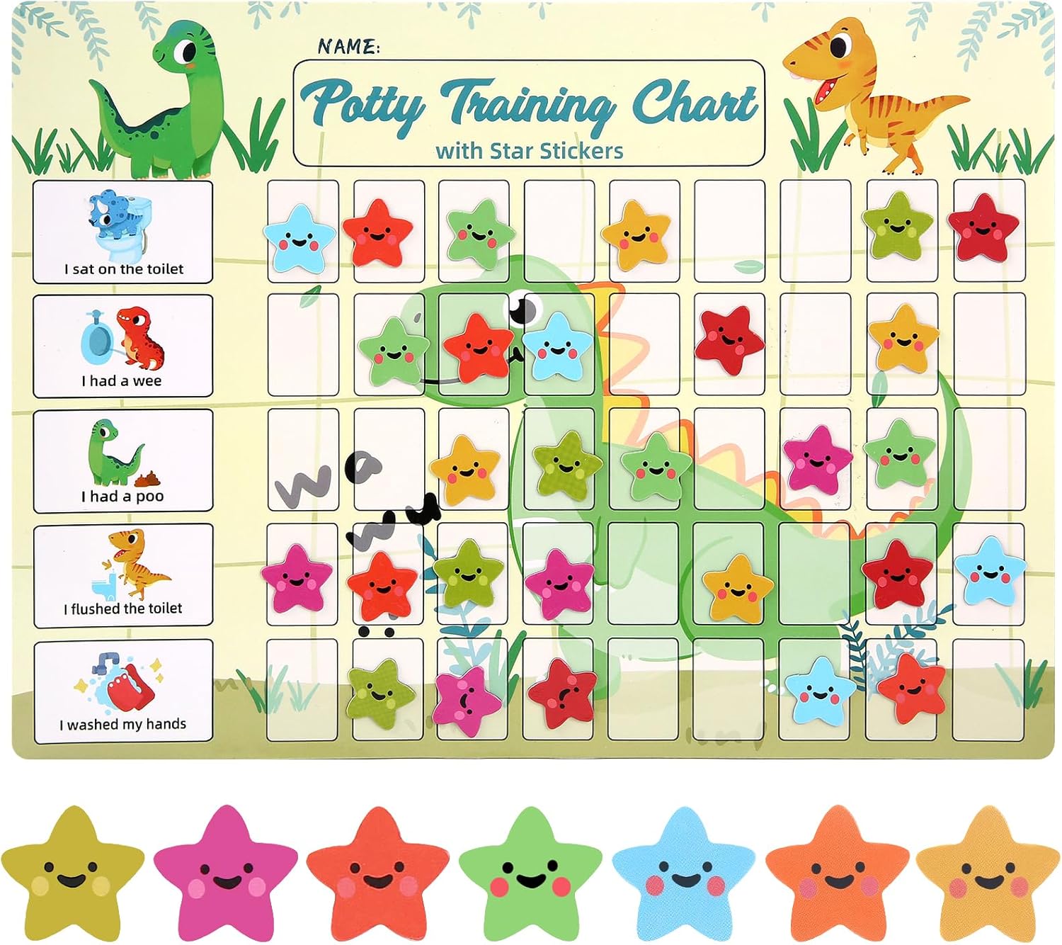 khlerox Potty Training Chart for Toddlers with 63 Reusable Magnetic Star Stickers, Interactive Reward Chart for Toilet Training (Dinosaur)