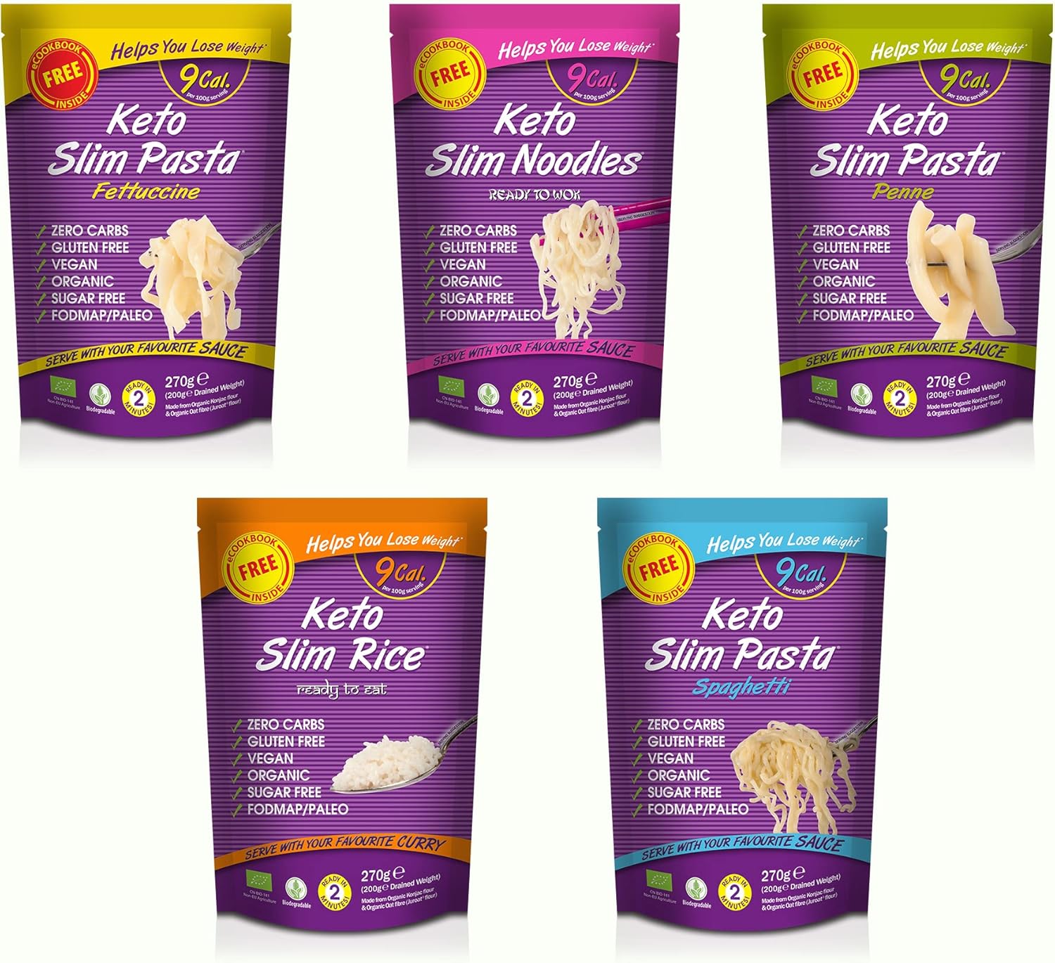 Slim Range Pasta, Shirataki Noodles & Rice Mix Pack of 5 Made from Organic Konjac Flour | Keto Paleo Vegan Diet | Zero Sugar and Low Calorie Food