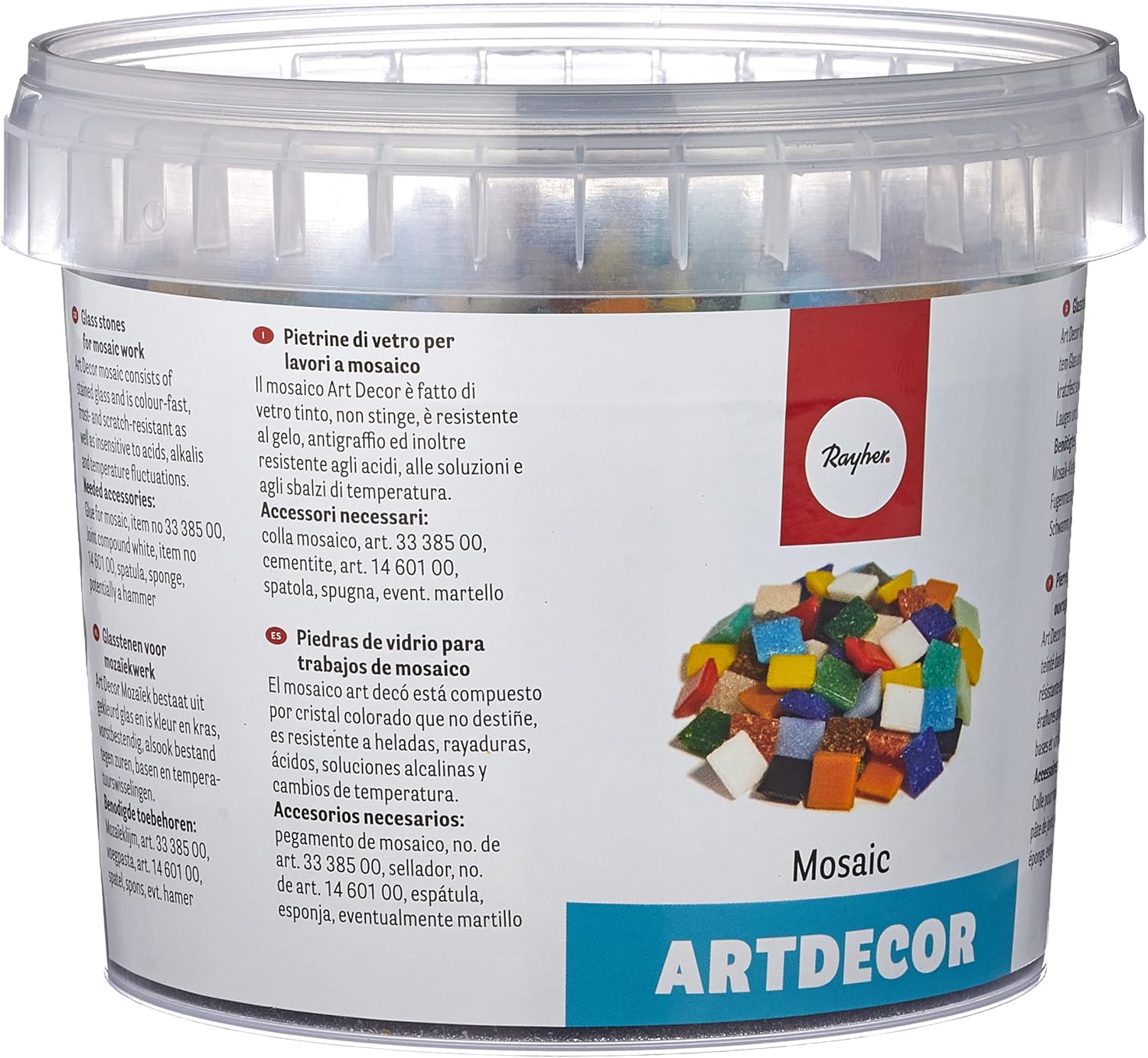 RAYHER Mosaic Tiles Bucket for Arts and Crafts, Glass, Multi-Colour, 1x1 cm, 1 kg, 1300-Piece