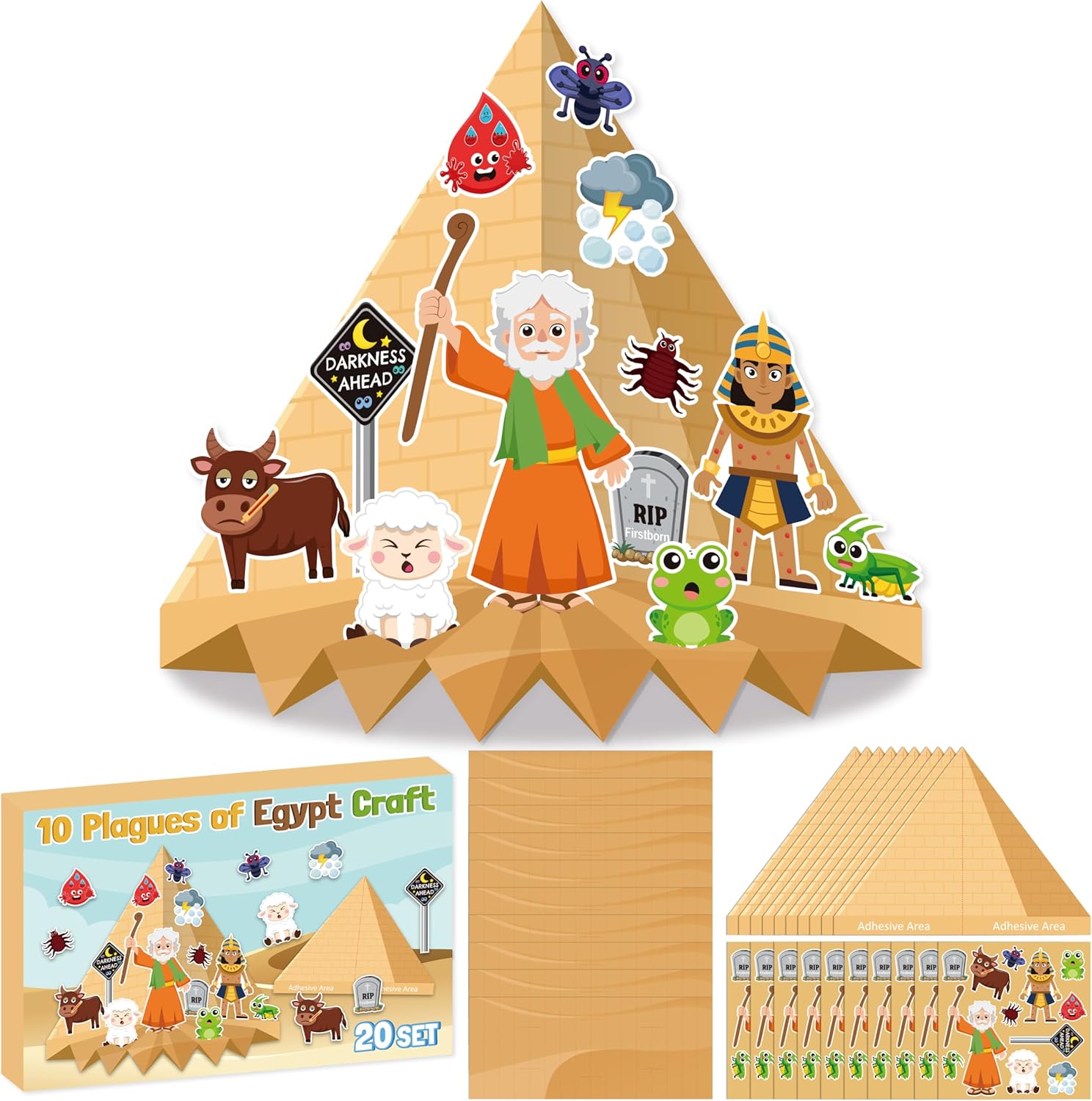 WATINC Passover Paper Craft Kit - Make Your Own Passover 10 Plagues of Egyptian Pyramids Scene Standable Diorama Crafts, DIY 3D Art Decorations for Jewish Holiday Classroom School Home Party (40Pcs