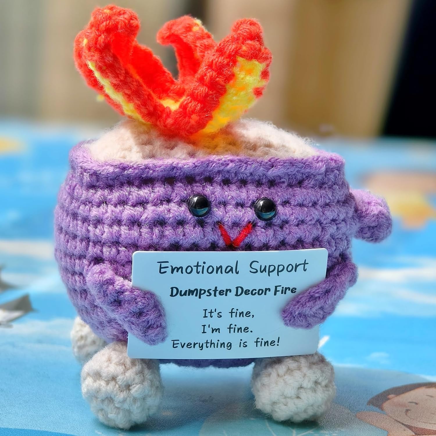 Levvohd Emotional Support Dumpster Decor Fire, Funny Handmade Crochet Dumpster Knitting Doll, Cute Desk Accessories for Women Office (Purple)
