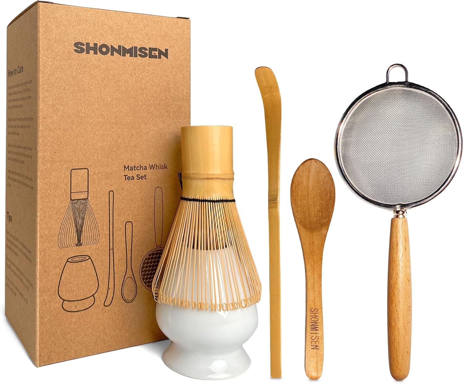 Bamboo Matcha Whisk Set -Matcha Whisk (Chasen),Whisk Holder(White),Sifter,Tea Scoop and Tea Spoon