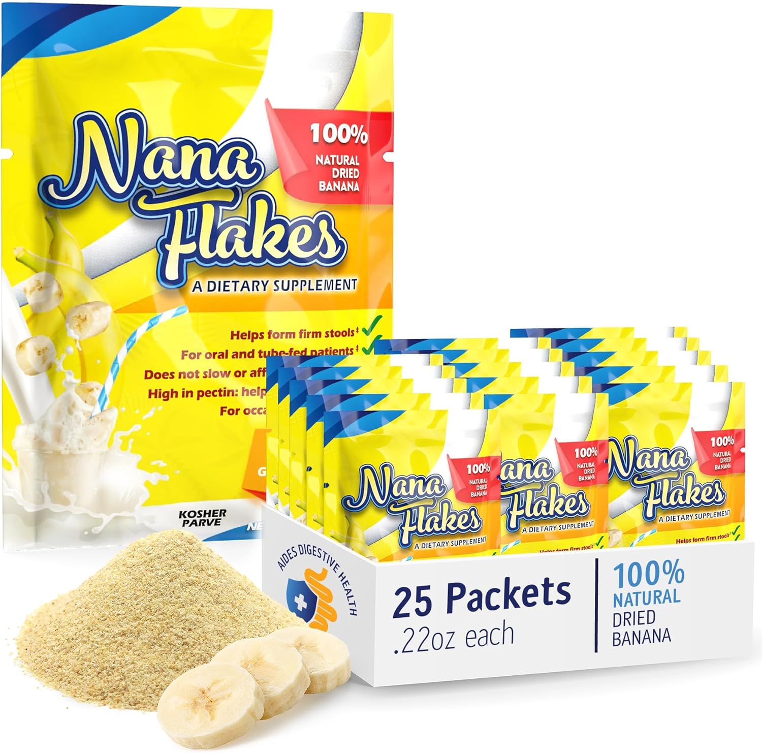 Nutritional Designs Nana Flakes 100% Pure Banana Flakes Medical Food Powder - Decrease Fat Intake, Natural Remedy for Diarrhea & Heart Burn - High Protein & Fiber - Single Serve (25 Packets)