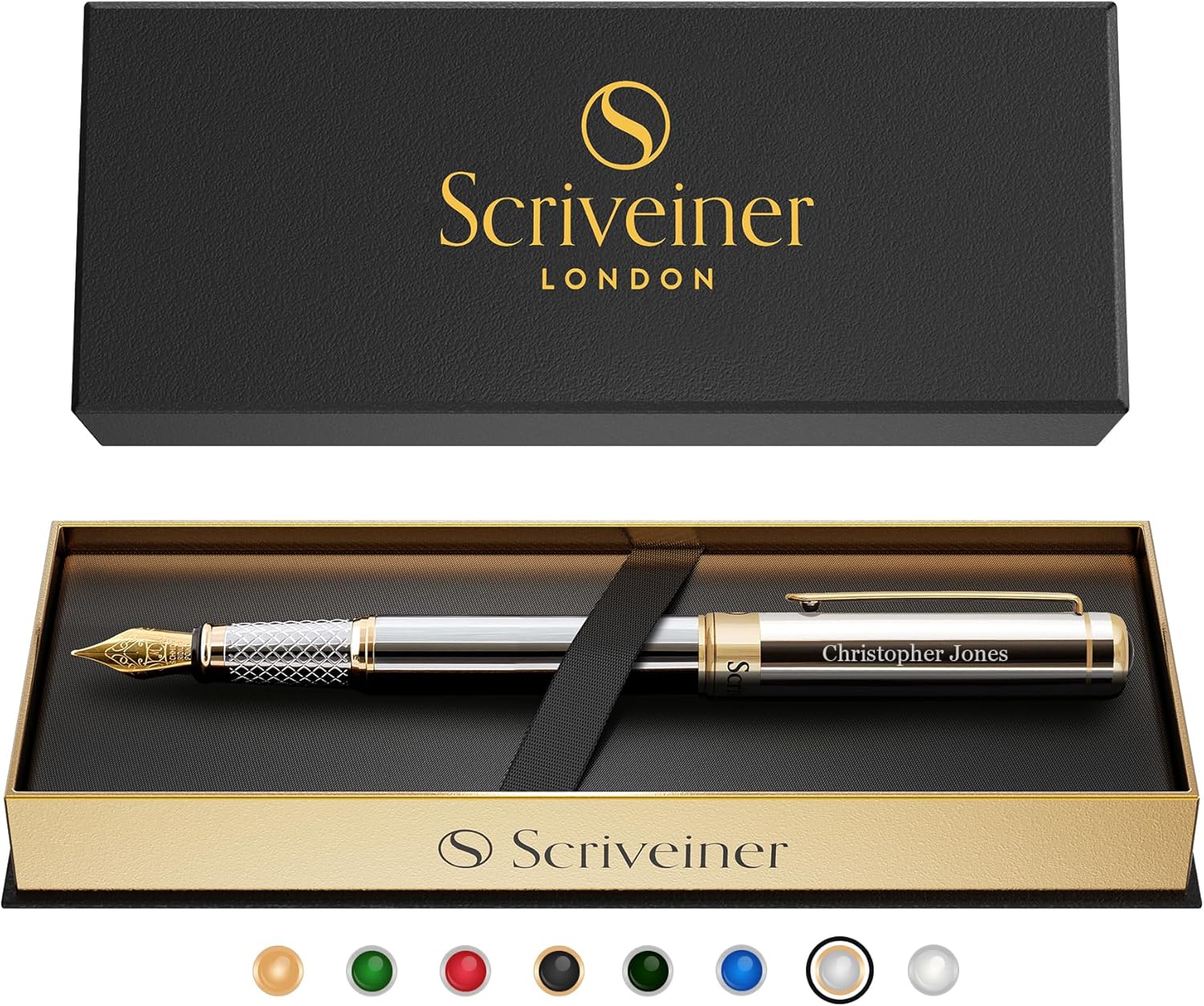 Scriveiner Personalized Silver Chrome Pen - Stunning Luxury Pen, Real Gold Plating, Schmidt Gilded Nib (Medium) Best Engraved Fountain Pen Gift Set for Men & Women, Custom Name Engraving