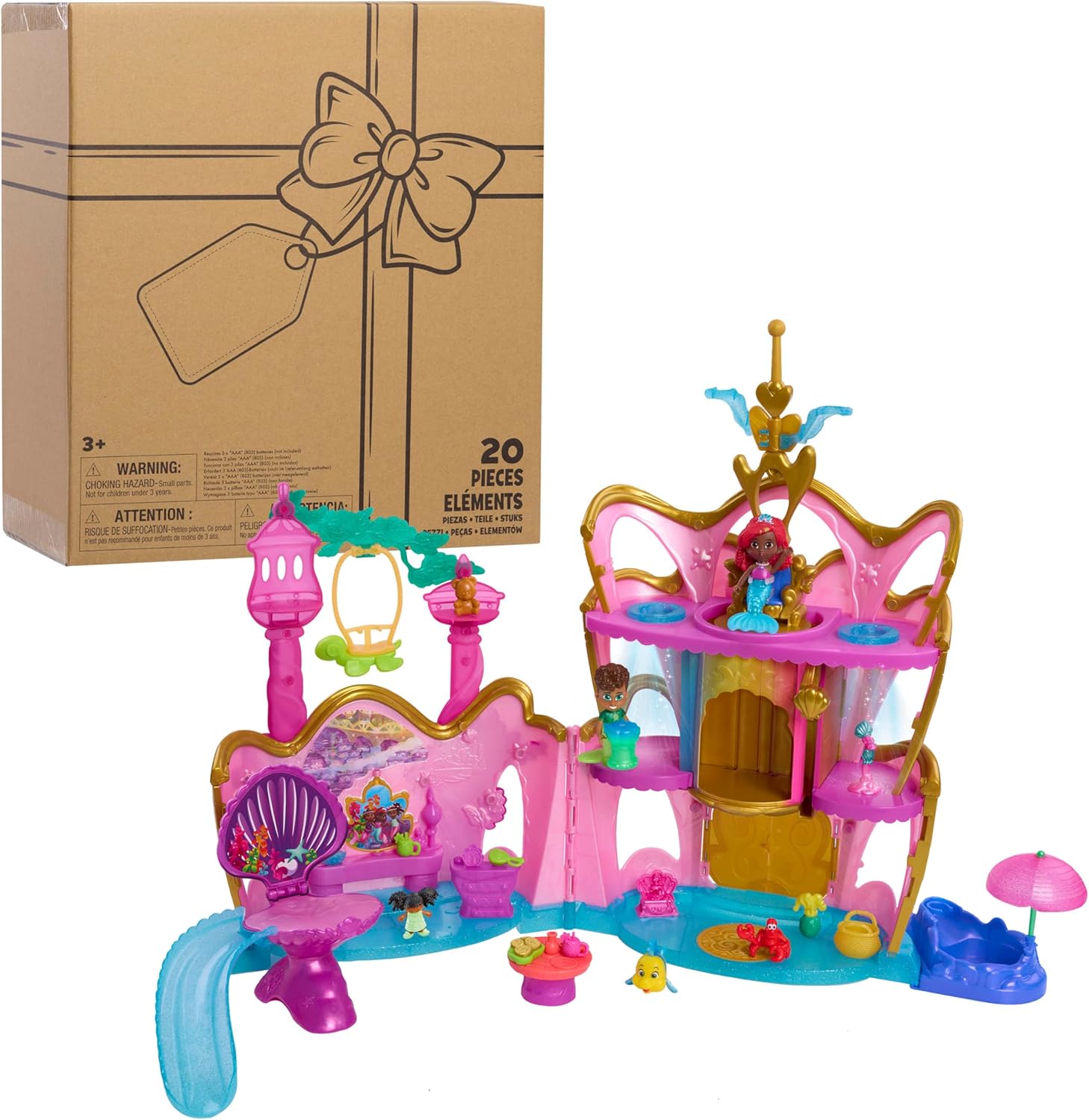 Just Play Disney Junior Ariel Deluxe Atlantica Palace Playset and 4-inch Figures, Lights and Sounds, 20-Pieces, Kids Toys for Ages 3 Up