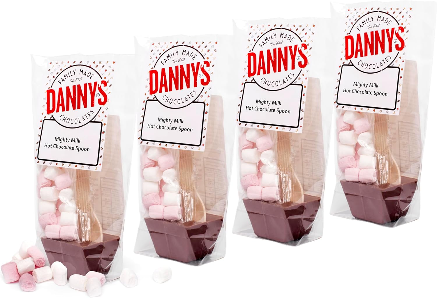 Danny's Hot Chocolate Spoons with Marshmallows | 4 x Large 50g Mighty Milk & Mallows Hot Chocolate Stirrer | Hamper Fillers | Easter Gifts | Hot Chocolate Sticks