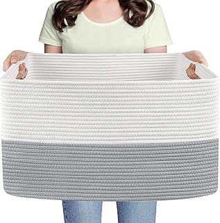 Extra Large Laundry Basket, Rectangle Woven Cotton Rope Storage Basket with Handles, Wicker Laundry Basket Hamper, Farmhouse Storage Bin for Blankets Clothes Toys, Grey, 23.6" x 15.7" x 14.1"