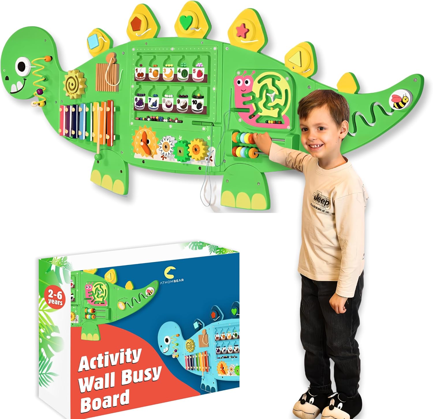 Dinosaur Activity Wall Busy Board – Educational & Fun Toys 2-6 Years - Sensory Wall Panel for Kids - Toddler Playrooms, Daycares, Waiting Rooms - Sensory Panel for Autism - Montessori Activity Board