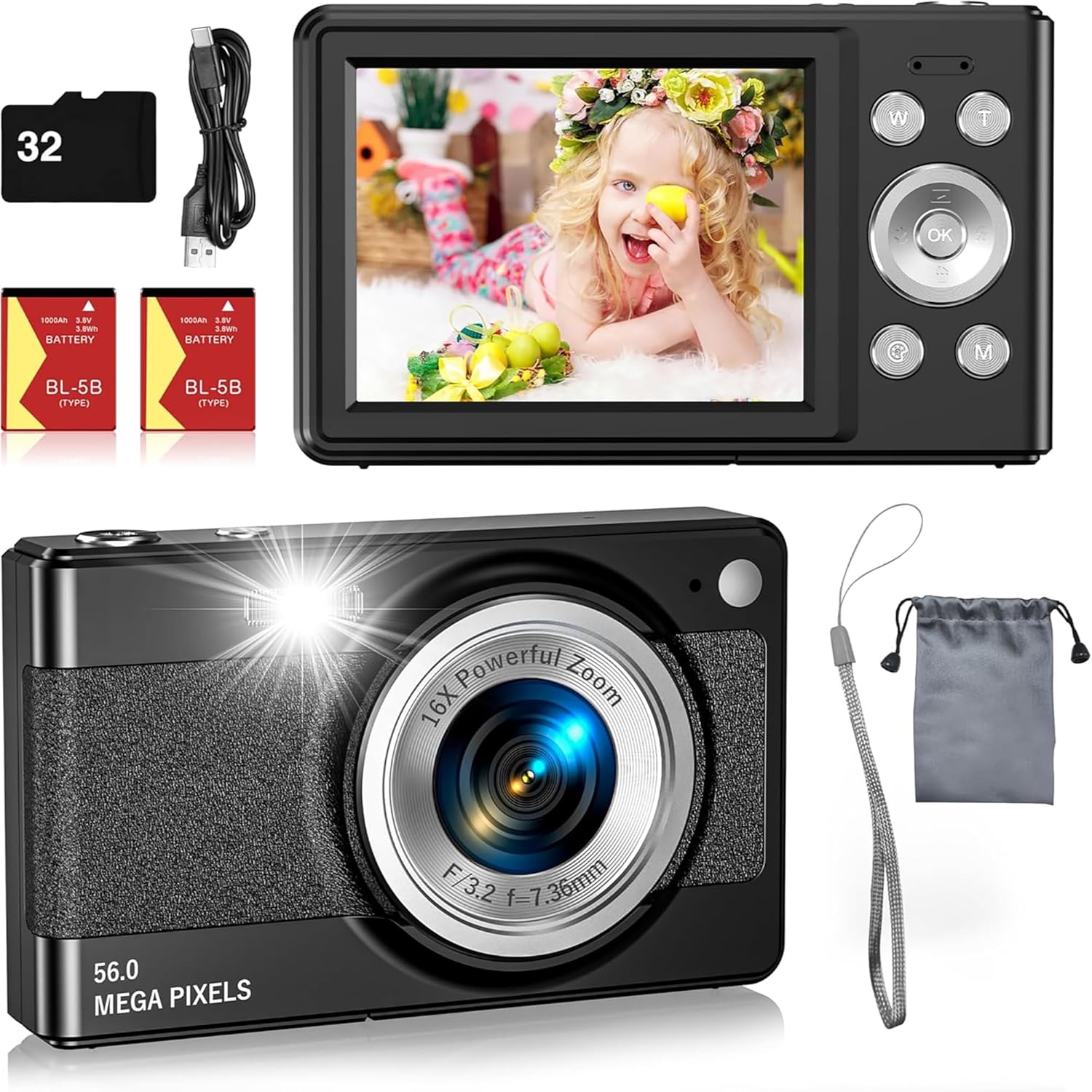 Digital Camera- 56MP FHD 1080P Camera for Kids, Point and Shoot with 16X Zoom Anti Shake, Kid Camera with 32GB TF Card, Two Batteries, Lanyard, Compact Portable Camera for Kids Teens Beginners（Black