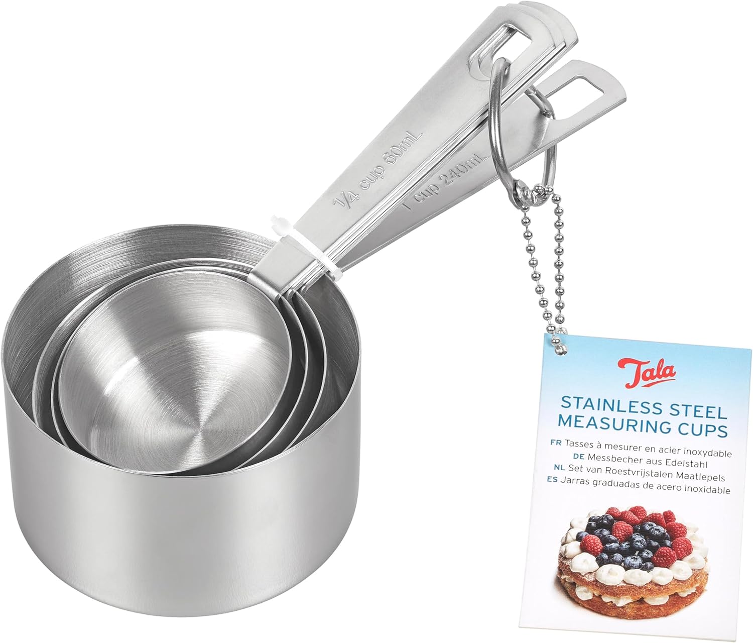 Tala Stainless Steel Measuring Cups, Set of 4, Measurements in Millilitres and Cups, Nest Neatly for Storage, Metallic Silver