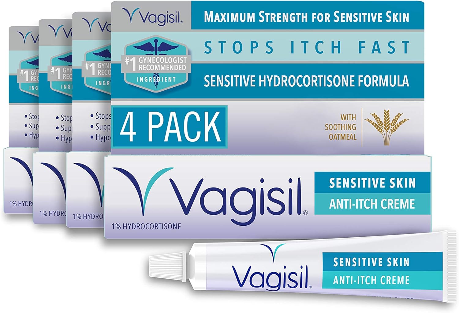 Vagisil Maximum Strength Feminine Anti-Itch Cream for Women, Sensitive Skin Formula with Hydrocortisone, Helps relieve Yeast Infection Irritation, Gynecologist Tested, Soothes & Cools, 1oz (Pack of 4)