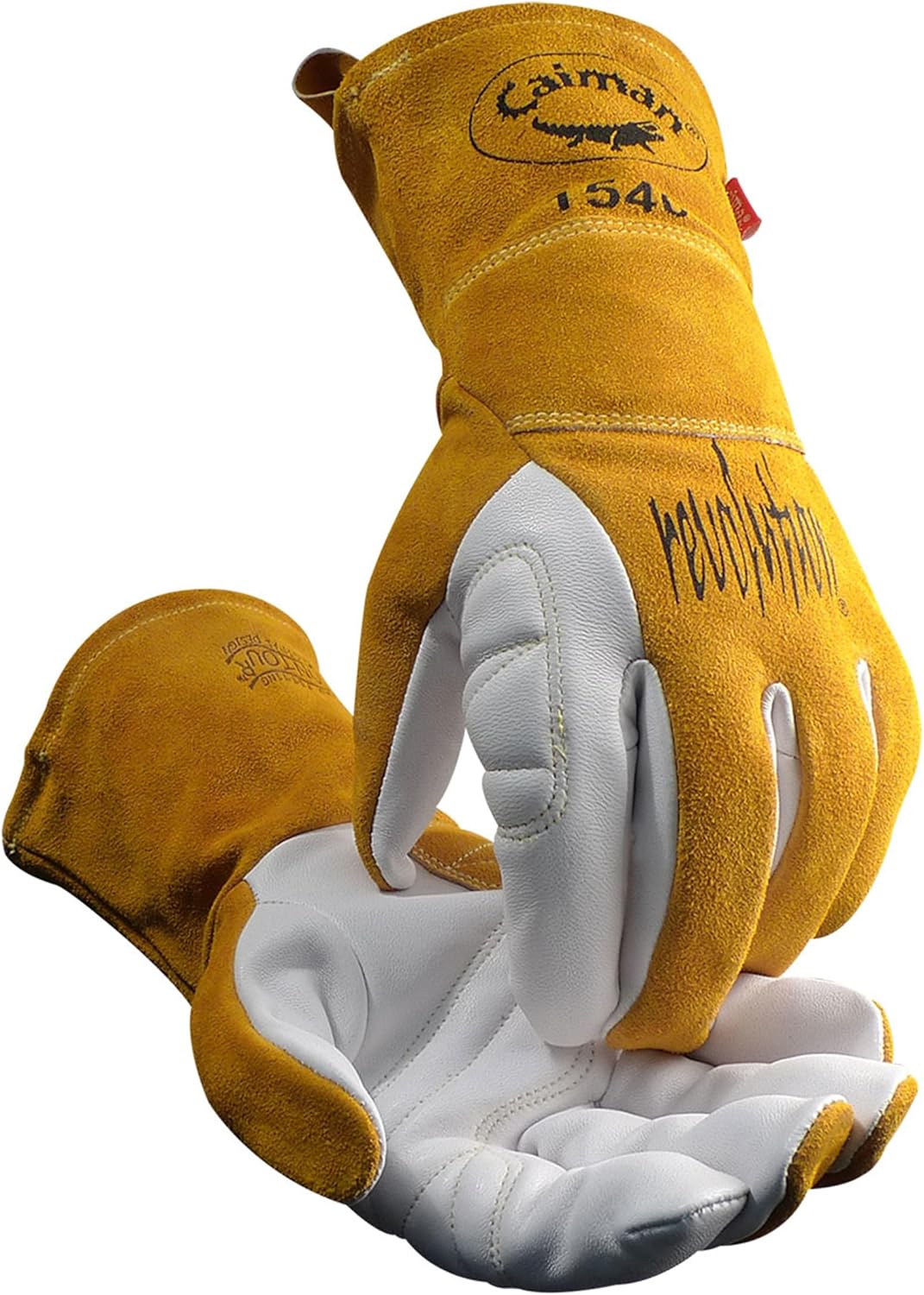 Caiman White/Gold Goat Grain Kontour Welding Gloves Arched Wrist Unlined Palm with Insulated Back/Padded Palm/Reinforced Side