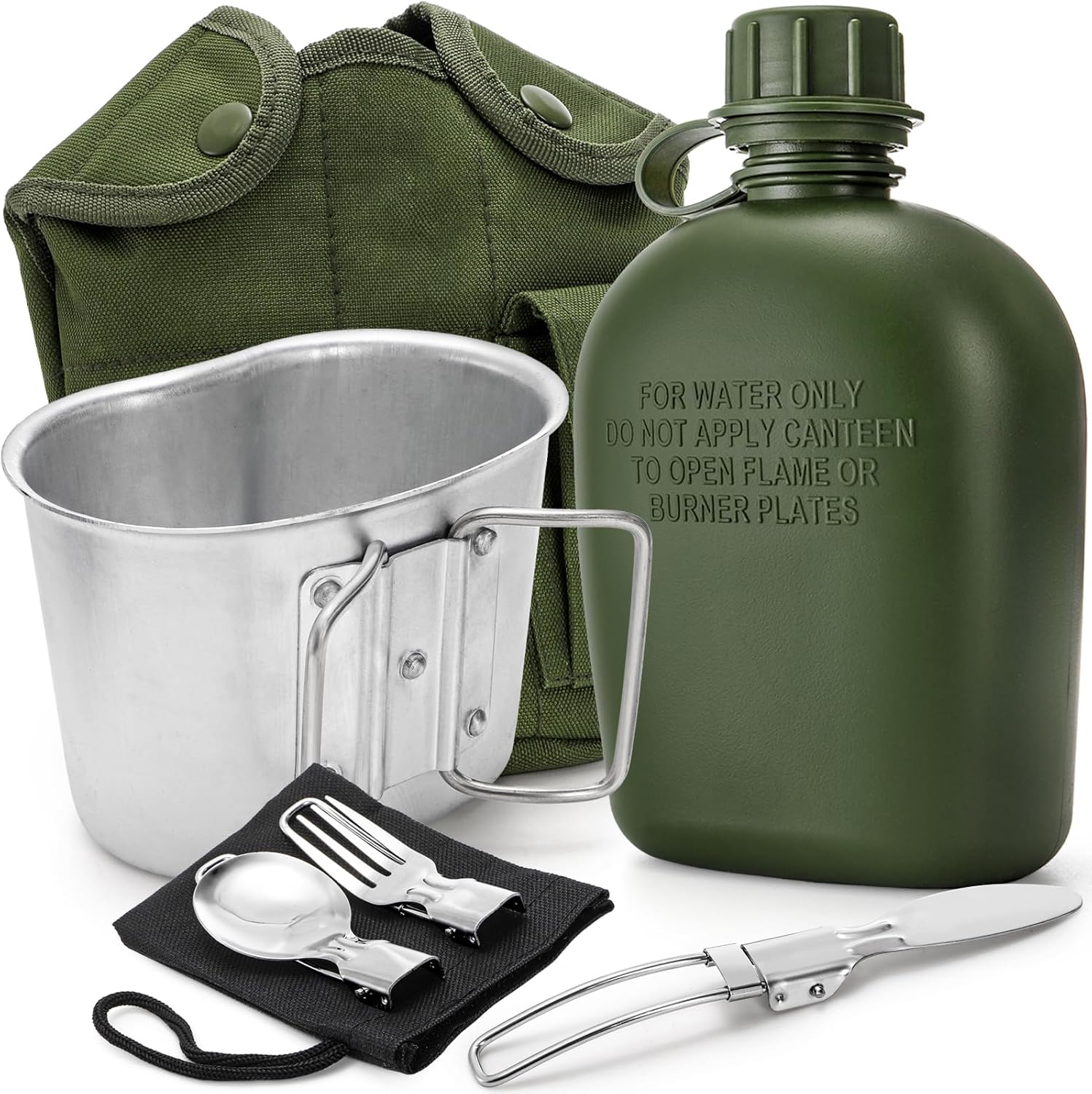 ZOOFOX Military Canteen, 1 Quart Portable Army Water Bottle with Aluminum Cup, Stainless Steel Spoon, Fork and Knife, Plastic Tactical Water Bottle for Military Hiking Camping Survival