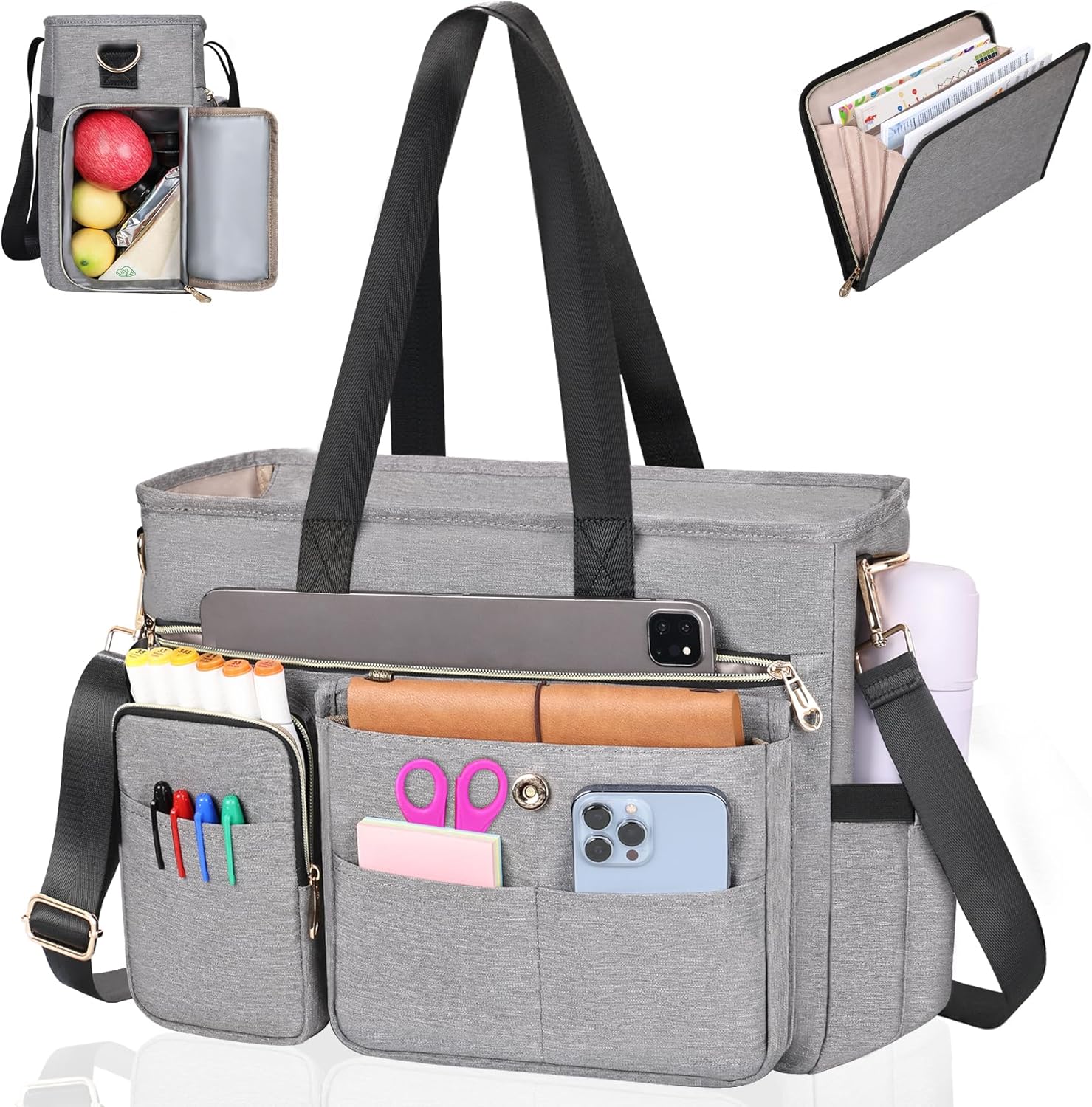 ESTARER Women Laptop Tote Bag 2Pcs, 15.6'' Teacher Work Bag Computer bag w/Expandable File Folder, Large Water-Resistant Messenger Shoulder bag w/Insulated Pocket for Office/Travel/College, Grey