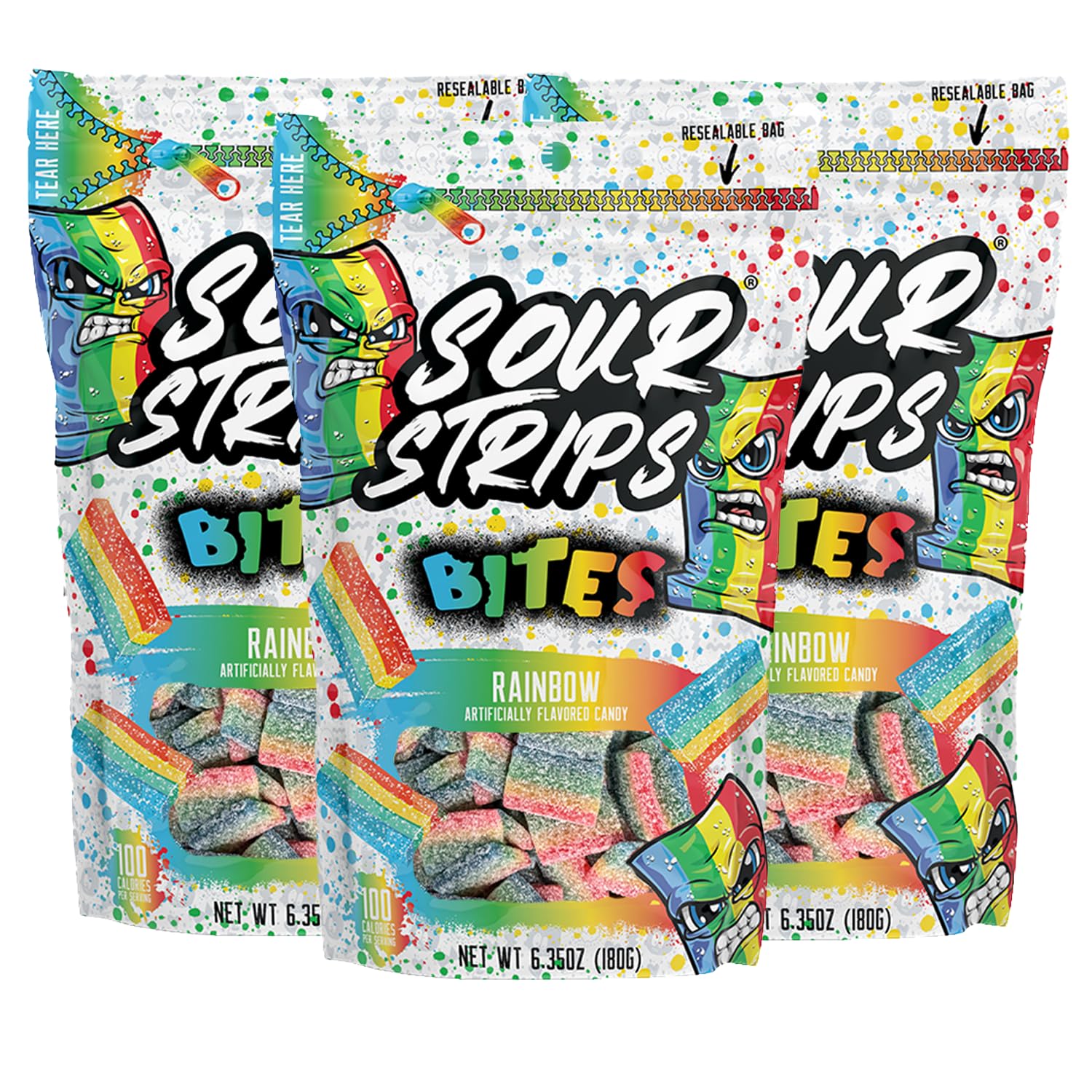 Sour Strips Bites Flavored Sour Candy Strips, Deliciously Sour Chewy Candy Belts, Vegetarian Candies, Bites 3-Pack