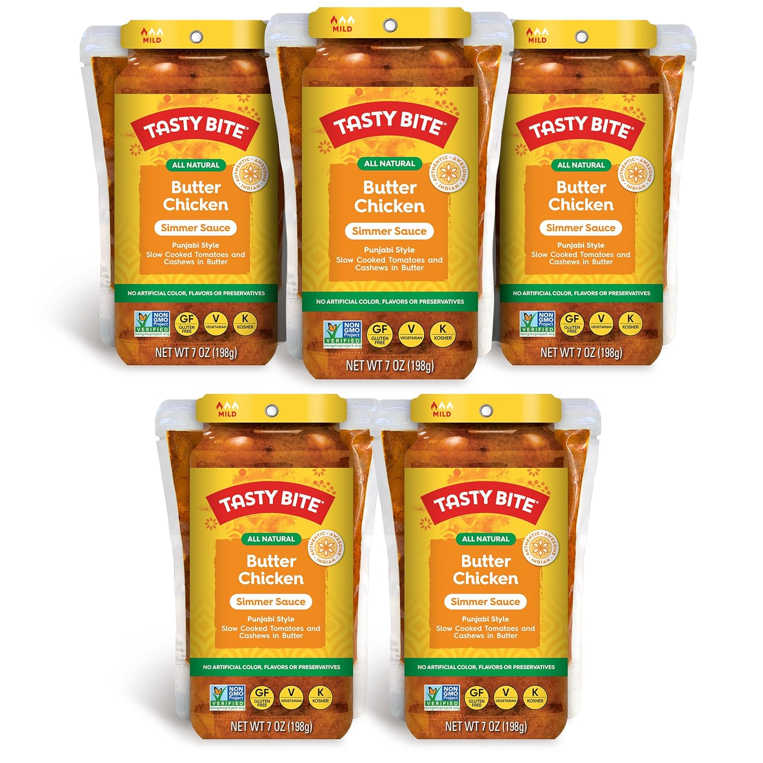 Tasty Bite Punjabi Style Butter Chicken Simmer Sauce, 7-Ounce 5-Pack, 3-4 Servings, Vegetarian, Tomatoes & Cashews in Butter