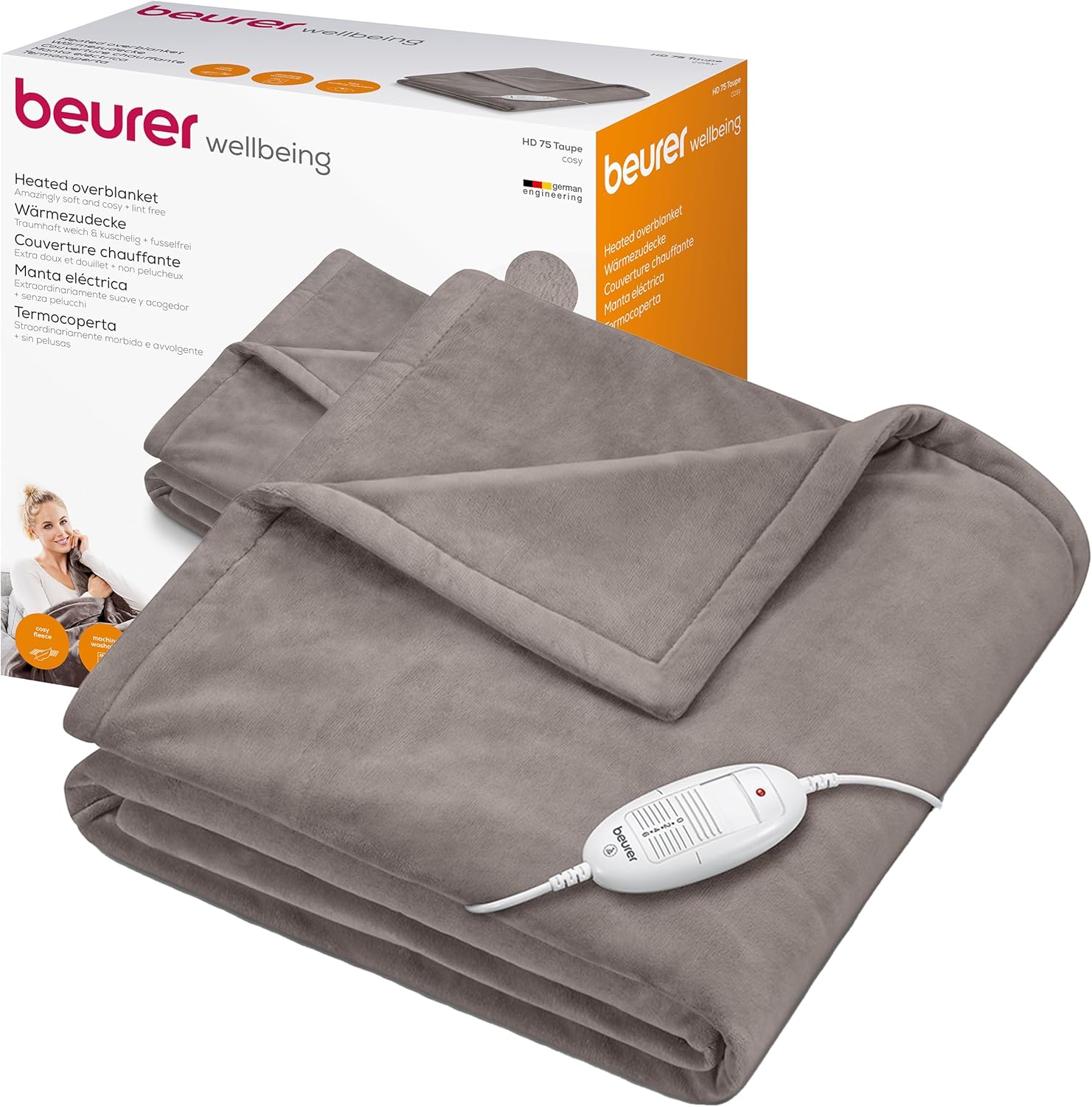 Beurer HD75 Electric Blanket with 6 Temperature Settings, Soft Heated Throw for Cosy Sofa Nights, Automatic Switch-Off & Safety System, Machine-Washable, Taupe, 180 x 130 cm, 100 watts