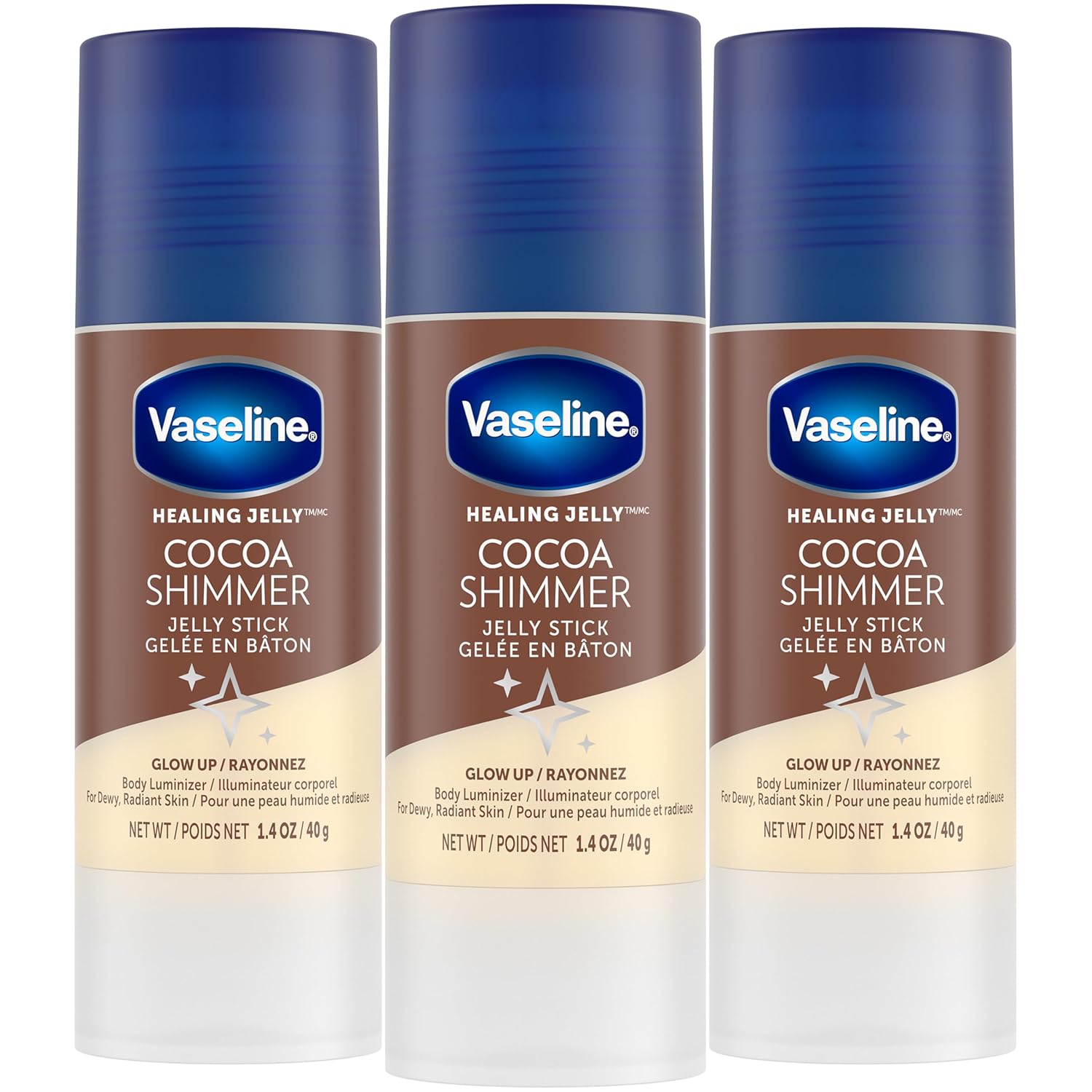 Vaseline Cocoa Shimmer Jelly Stick – Non-Greasy Moisturizer for Glowing Skin, Face & Body Lotion, Travel-Size, 1.4 Oz Ea, Pack of 3.